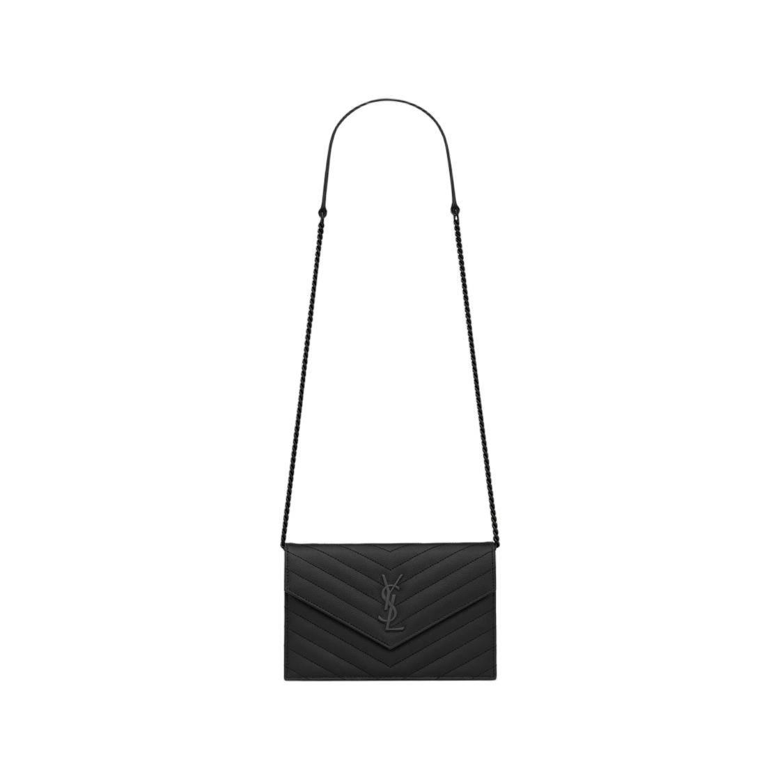 857605-BOW08-1000 Saint Laurent Cassandre Envelope Chain Wallet in Grain De Poudre Leather Noir