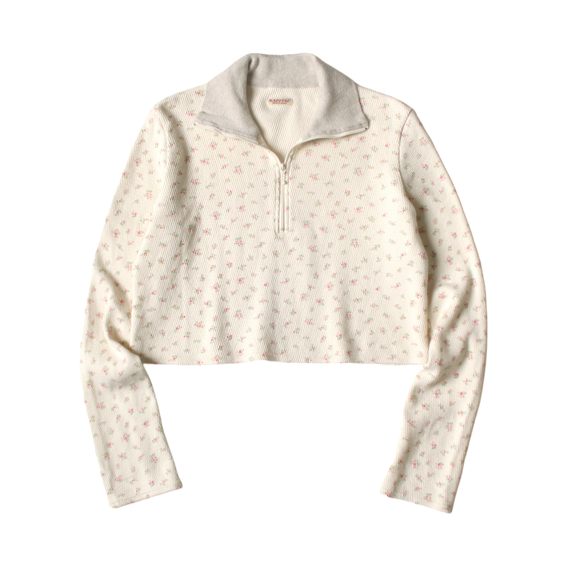 (W) 캐피탈 와플 저지 스몰 플라워 프린트 하프 집 크롭 롱 티셔츠 핑크((W) Kapital Waffle Jersey Small Flower Print Half Zip Crop Long T-Shirt Pink) - 1