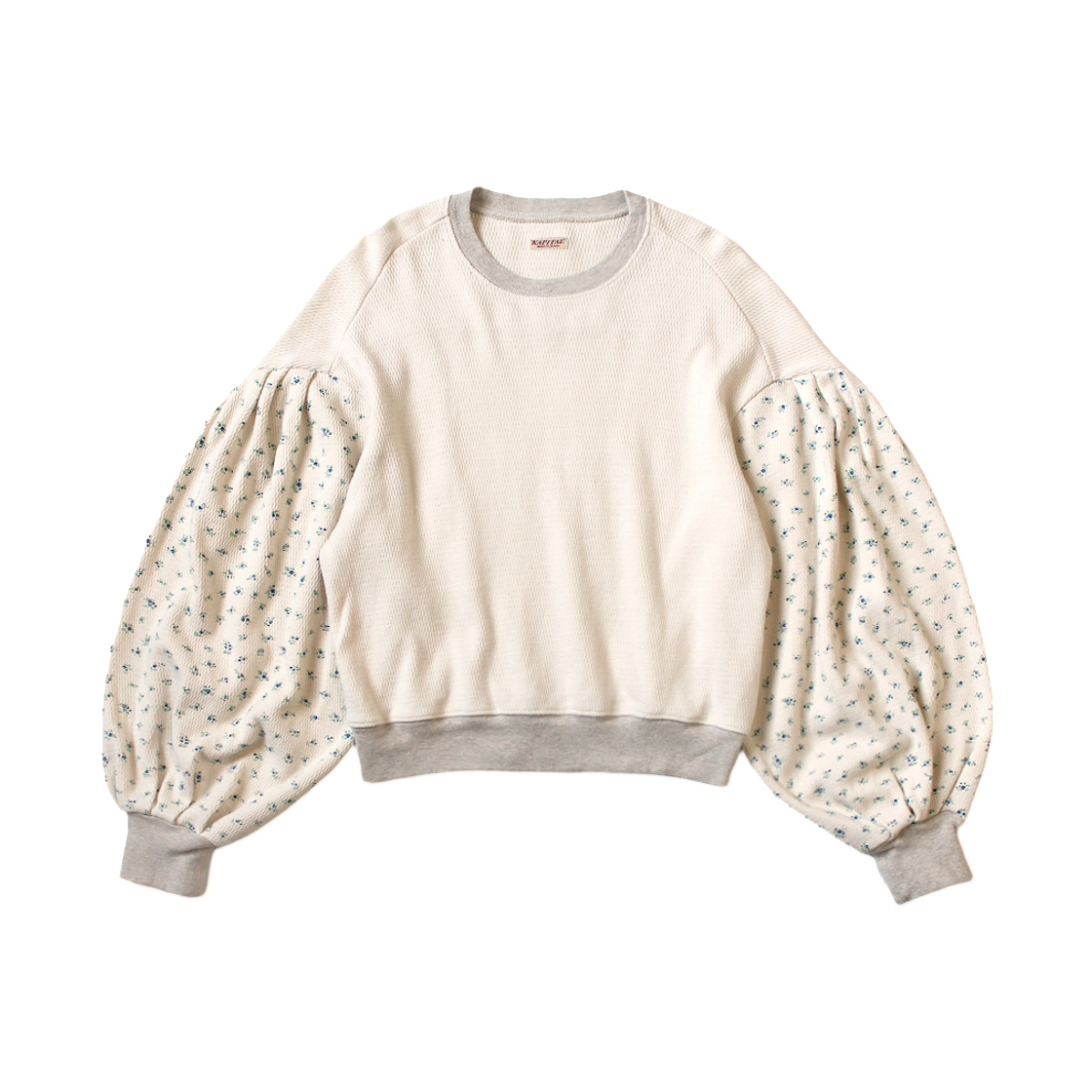 (W) 캐피탈 와플 저지 스몰 플라워 Pt 투톤 부팡 슬리브 스웨트셔츠 블루((W) Kapital Waffle Jersey Small Flower Pt 2Tone Bouffant Sleeve Sweatshirt Blue) - 1