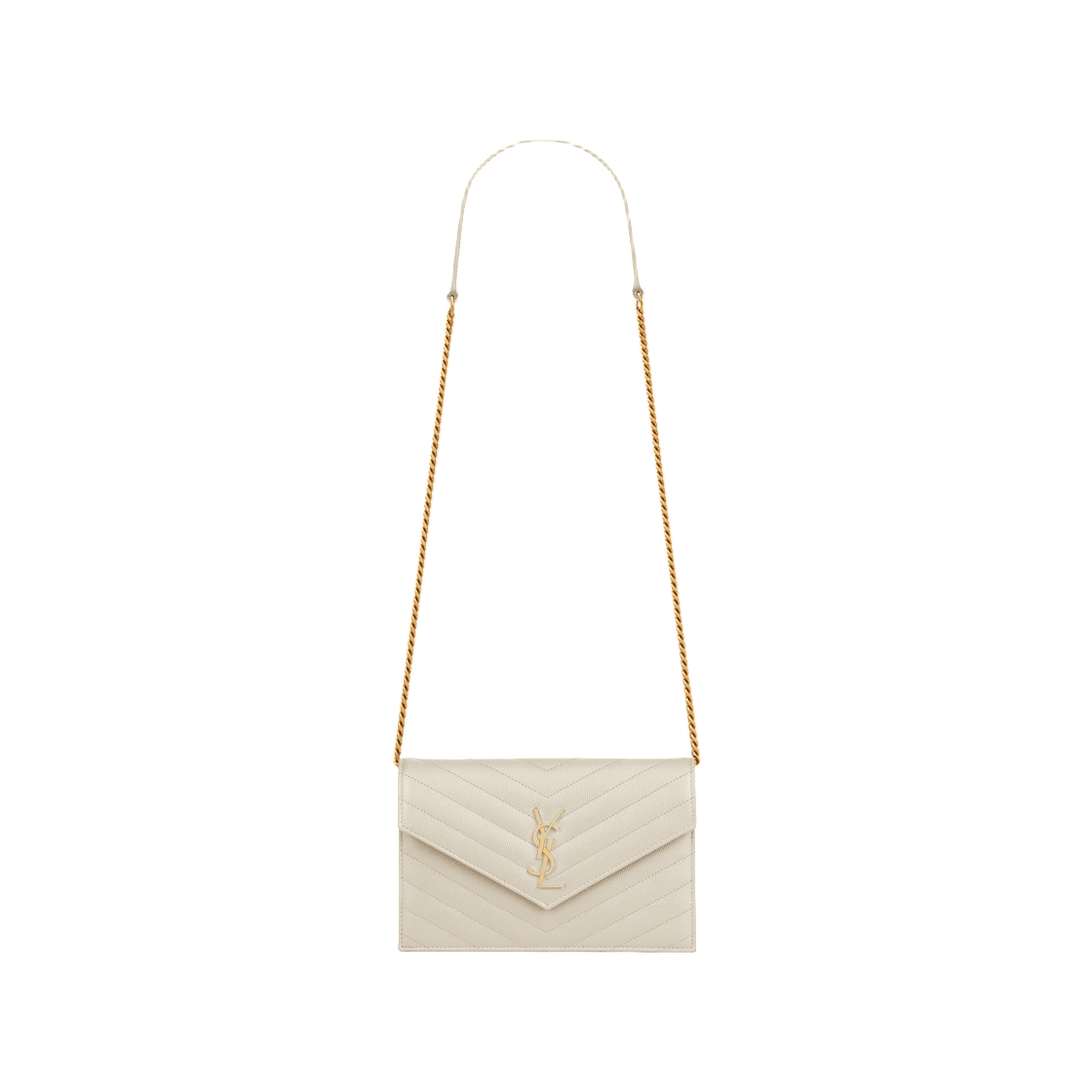 857605-BOW01-9207 Saint Laurent Cassandre Envelope Chain Wallet in Grain De Poudre Leather Crema Soft