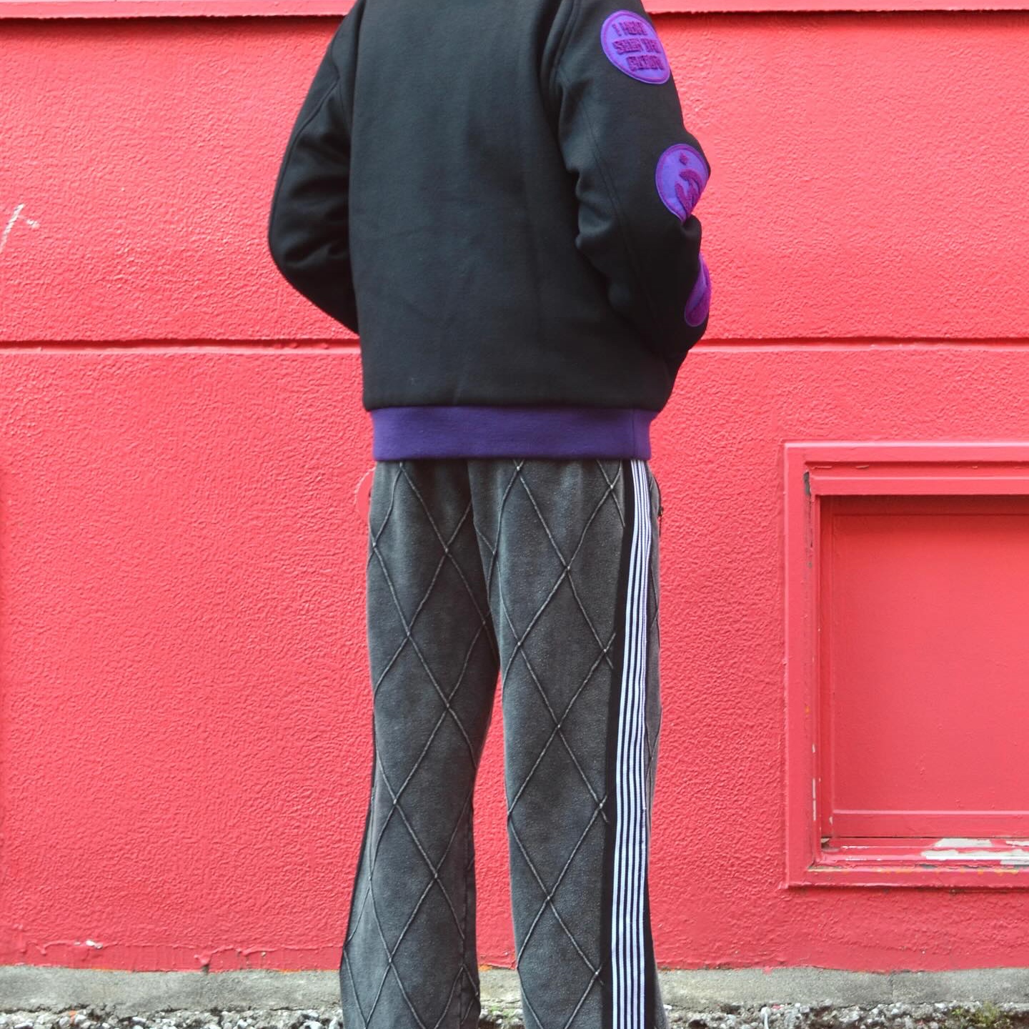 Needles x Nomarhythm Textilepatch Varsity Jacket Black 착용 스타일 - 5