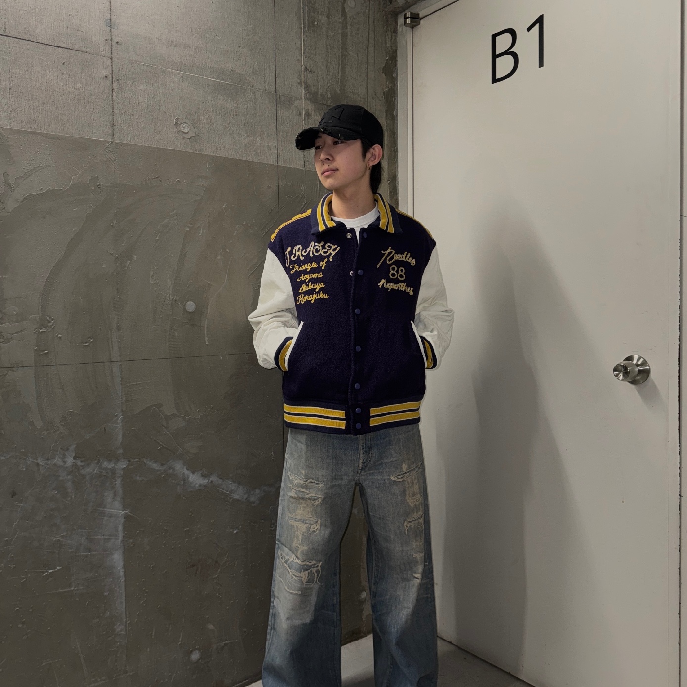 Needles Lettered Jacket Wool Melton Purple 착용 스타일 - 3