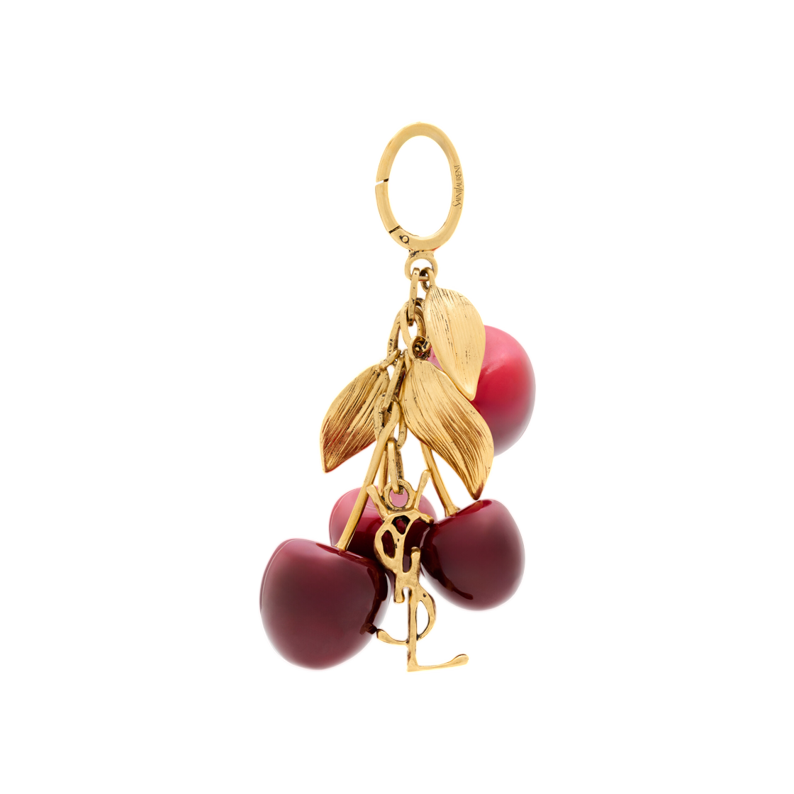 861920-Y1591-1064 Saint Laurent Cassandre Cherry Bag Charm in Resin and Metal Burgundy Gold