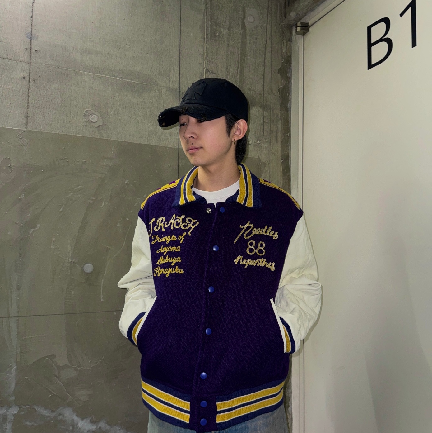 Needles Lettered Jacket Wool Melton Purple 착용 스타일 - 1