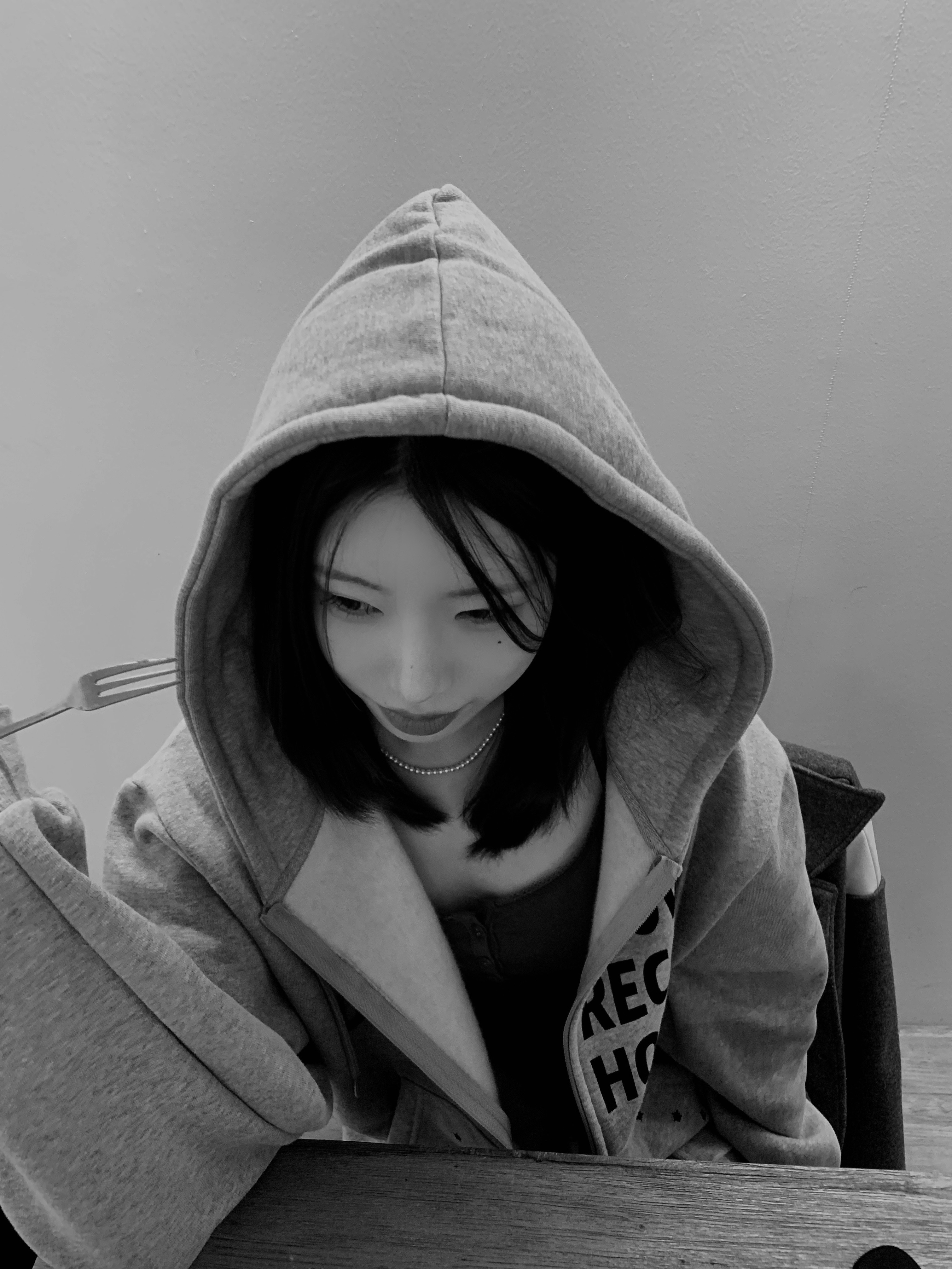 SLOW RECORD HOUSE Typo Star Hood Zip-Up Grey 착용 스타일 - 3