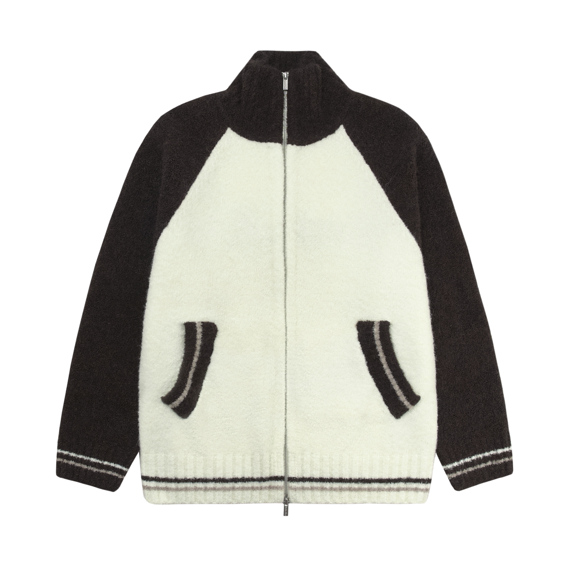 (W) 마뗑킴 하이 넥 래글런 니트 집업 다크 브라운((W) Matin Kim High Neck Raglan Knit Zip Up Dark Brown) - 1