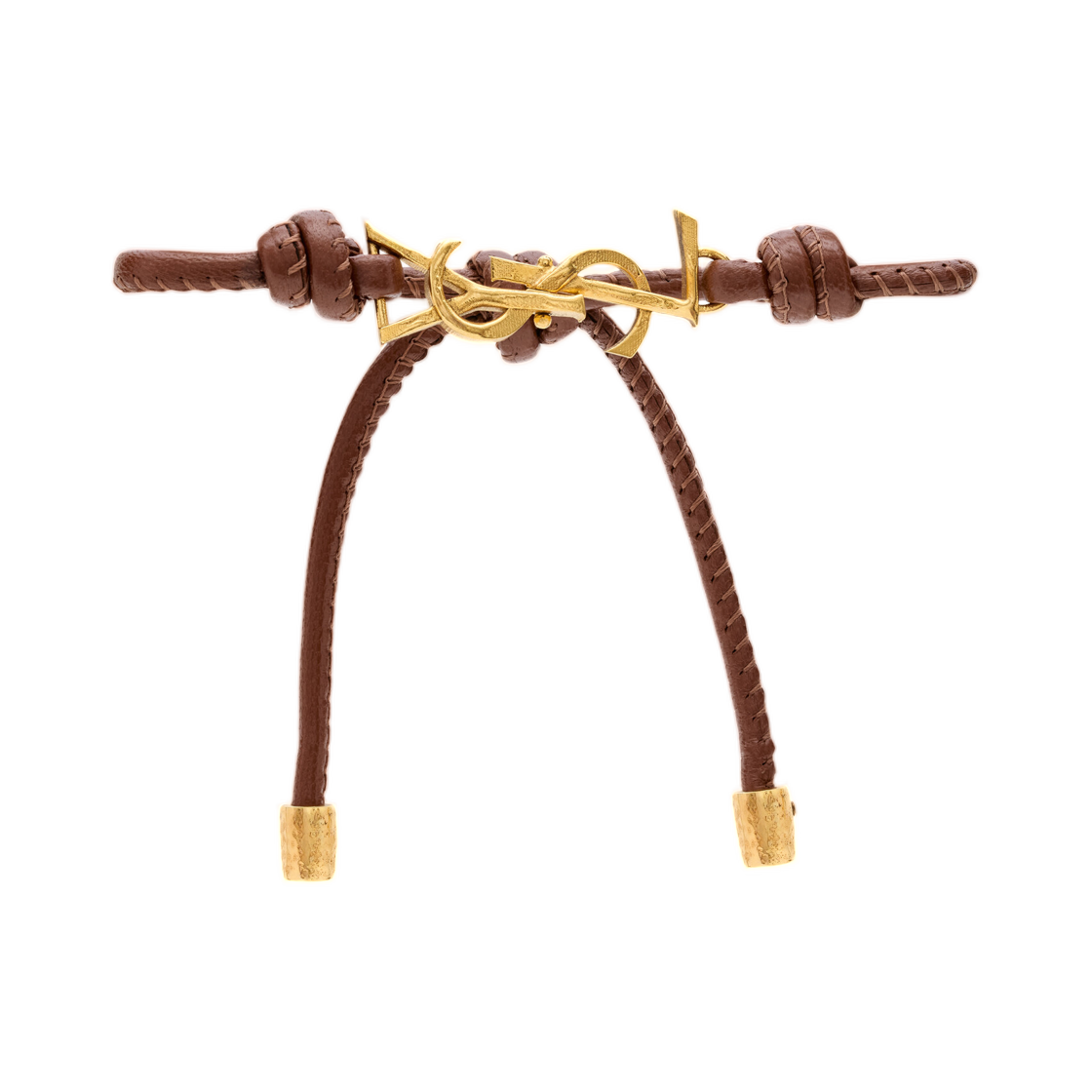 861459-AAF9R-2955 Saint Laurent Cassandre Cord Bracelet in Leather Warm Brown Gold