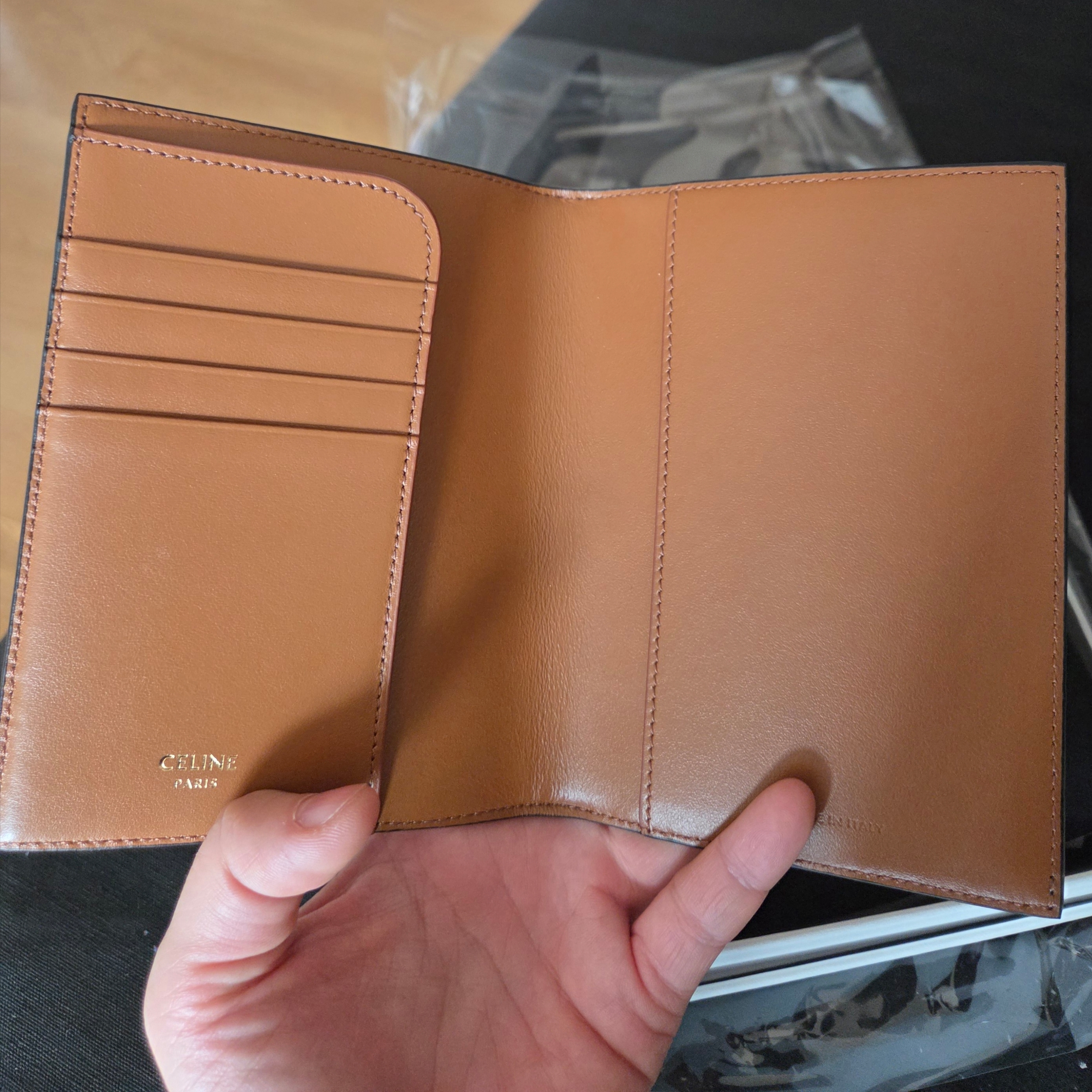 Celine Passport Cover in Triomphe Canvas Black Tan 착용 스타일 - 4