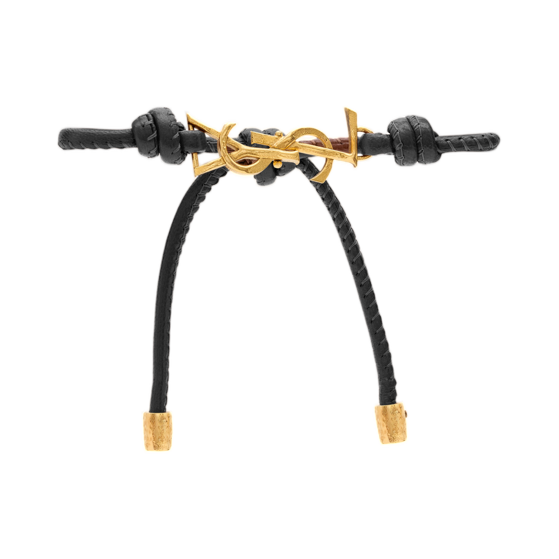 861459-AAF9R-1000 Saint Laurent Cassandre Cord Bracelet in Leather Black Gold