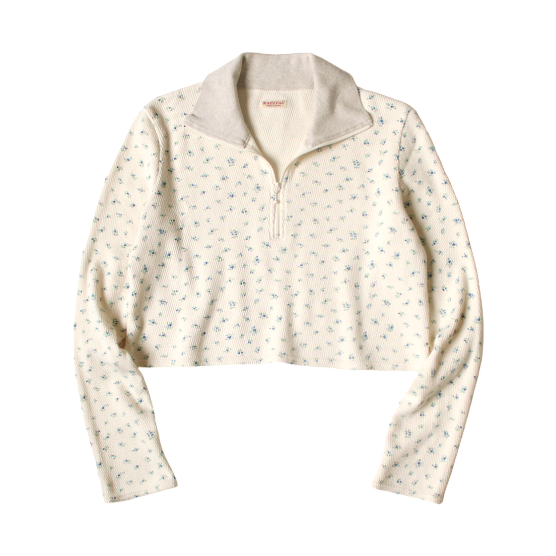 (W) 캐피탈 와플 저지 스몰 플라워 프린트 하프 집 크롭 롱 티셔츠 블루((W) Kapital Waffle Jersey Small Flower Print Half Zip Crop Long T-Shirt Blue) - 1