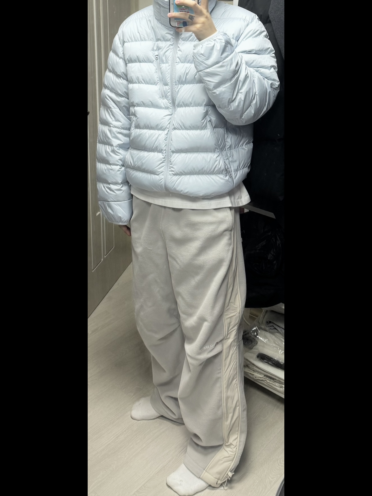 Musinsa Standard City Leisure Hooded Light Down Jacket Cloudy Blue, The North Face Banff Fleece Pants Stone Gray 착용 스타일 - 1
