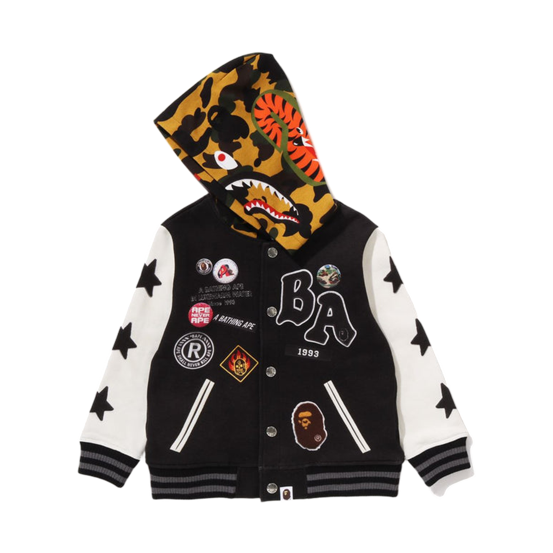(키즈) 베이프 퍼스트 카모 샤크 후드 프린트 스웨트 바시티 자켓 블랙((Kids) BAPE 1st Camo Shark Hoodie Print Sweat Varsity Jacket Black) - 2