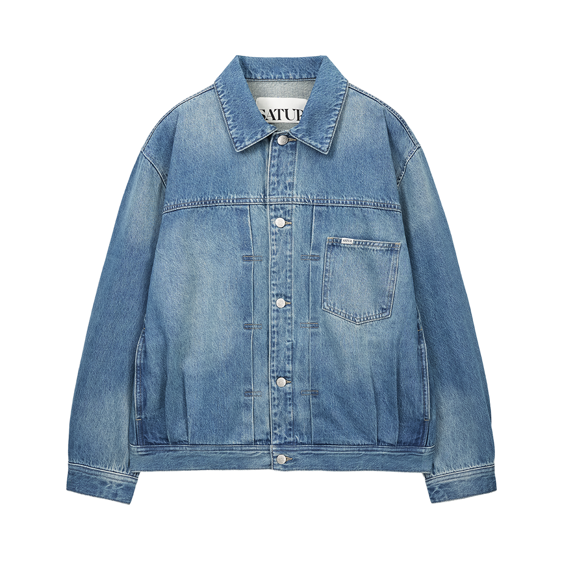 SA261MDJ02BLE0 SATUR Pleated Washed Denim Trucker Jacket Blue