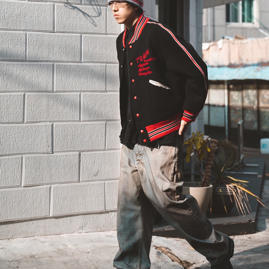 Needles Deconstructed Lettered Jacket Wool Melton Black 착용 스타일 - 1