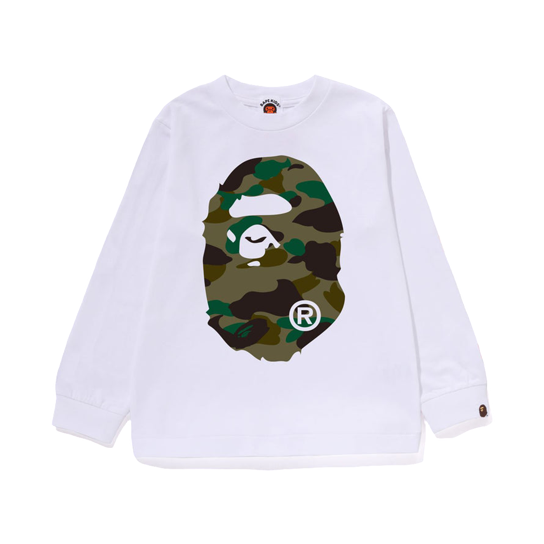 (키즈) 베이프 퍼스트 카모 빅 에이프 헤드 롱슬리브 티셔츠 화이트 그린((Kids) BAPE 1st Camo Big Ape Head Long Sleeve T-Shirt White Green) - 1
