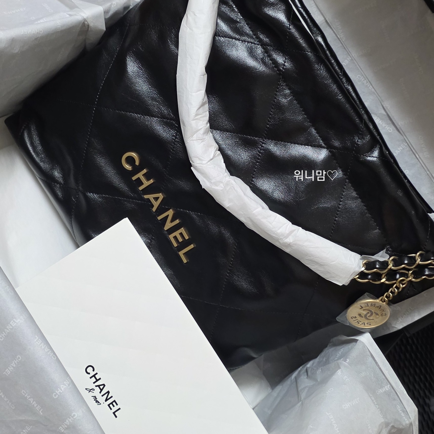 Chanel 22 Small Handbag Shiny Calfskin & Gold Black 착용 스타일