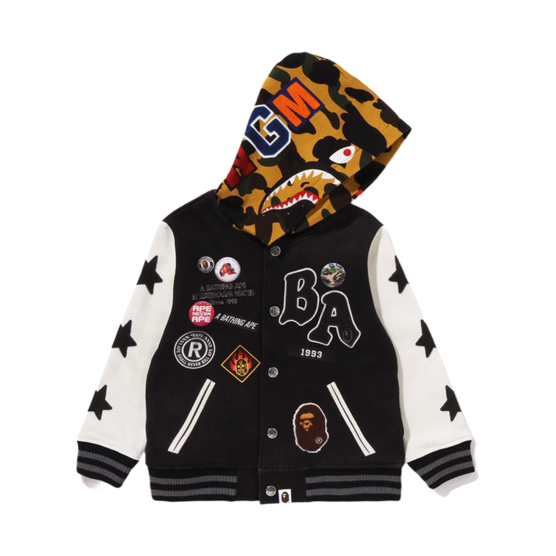(키즈) 베이프 퍼스트 카모 샤크 후드 프린트 스웨트 바시티 자켓 블랙((Kids) BAPE 1st Camo Shark Hoodie Print Sweat Varsity Jacket Black) - 1