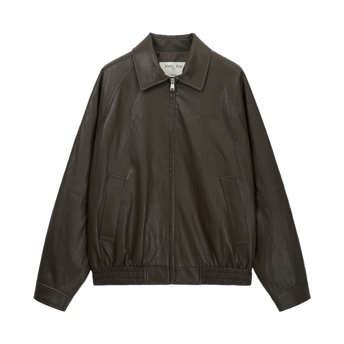 마뗑킴 스몰 로고 포우 레더 집업 점퍼 브라운(Matin Kim Small Logo Faux Leather Zip Up Jumper Brown)