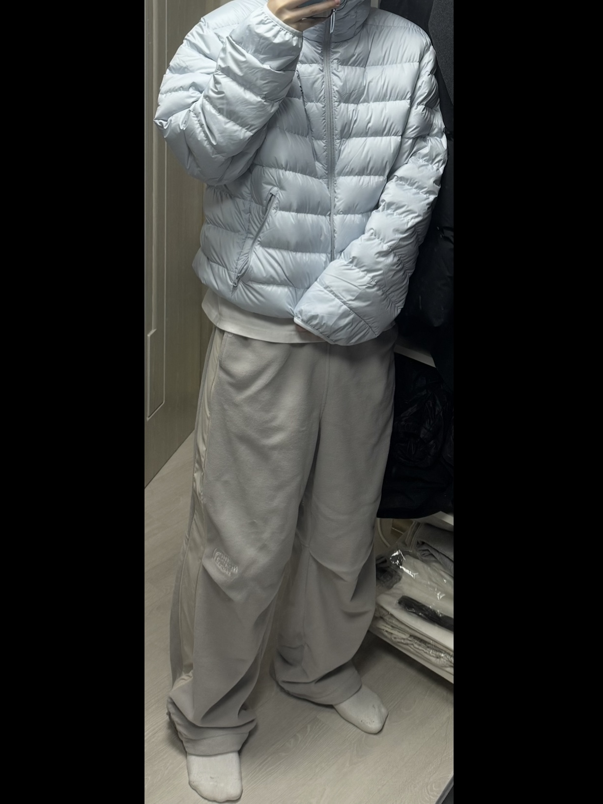 Musinsa Standard City Leisure Hooded Light Down Jacket Cloudy Blue, The North Face Banff Fleece Pants Stone Gray 착용 스타일 - 2