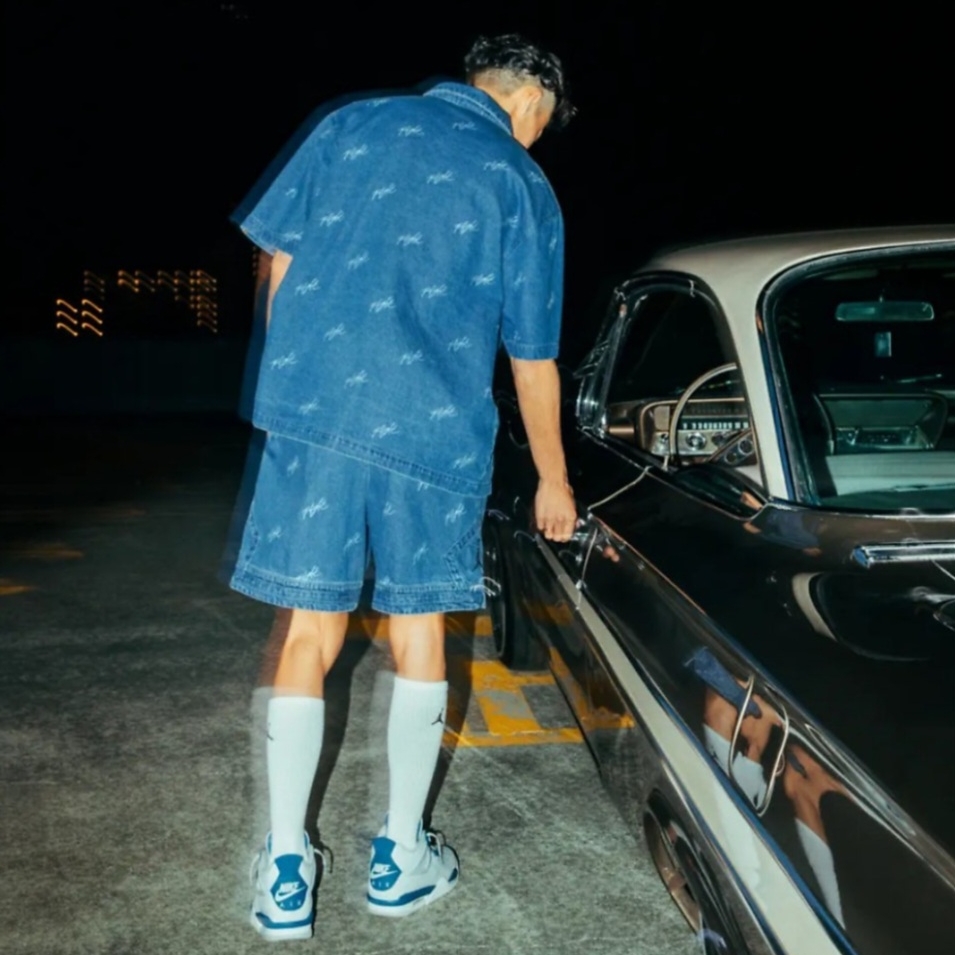 Jordan Air Denim AOP Shorts Blue Grey - Asia, Jordan Flight Heritage Denim Top Blue Grey - Asia 착용 스타일 - 2