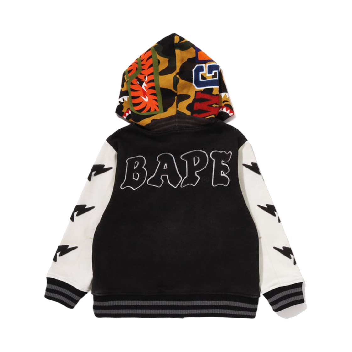 (키즈) 베이프 퍼스트 카모 샤크 후드 프린트 스웨트 바시티 자켓 블랙((Kids) BAPE 1st Camo Shark Hoodie Print Sweat Varsity Jacket Black) - 3