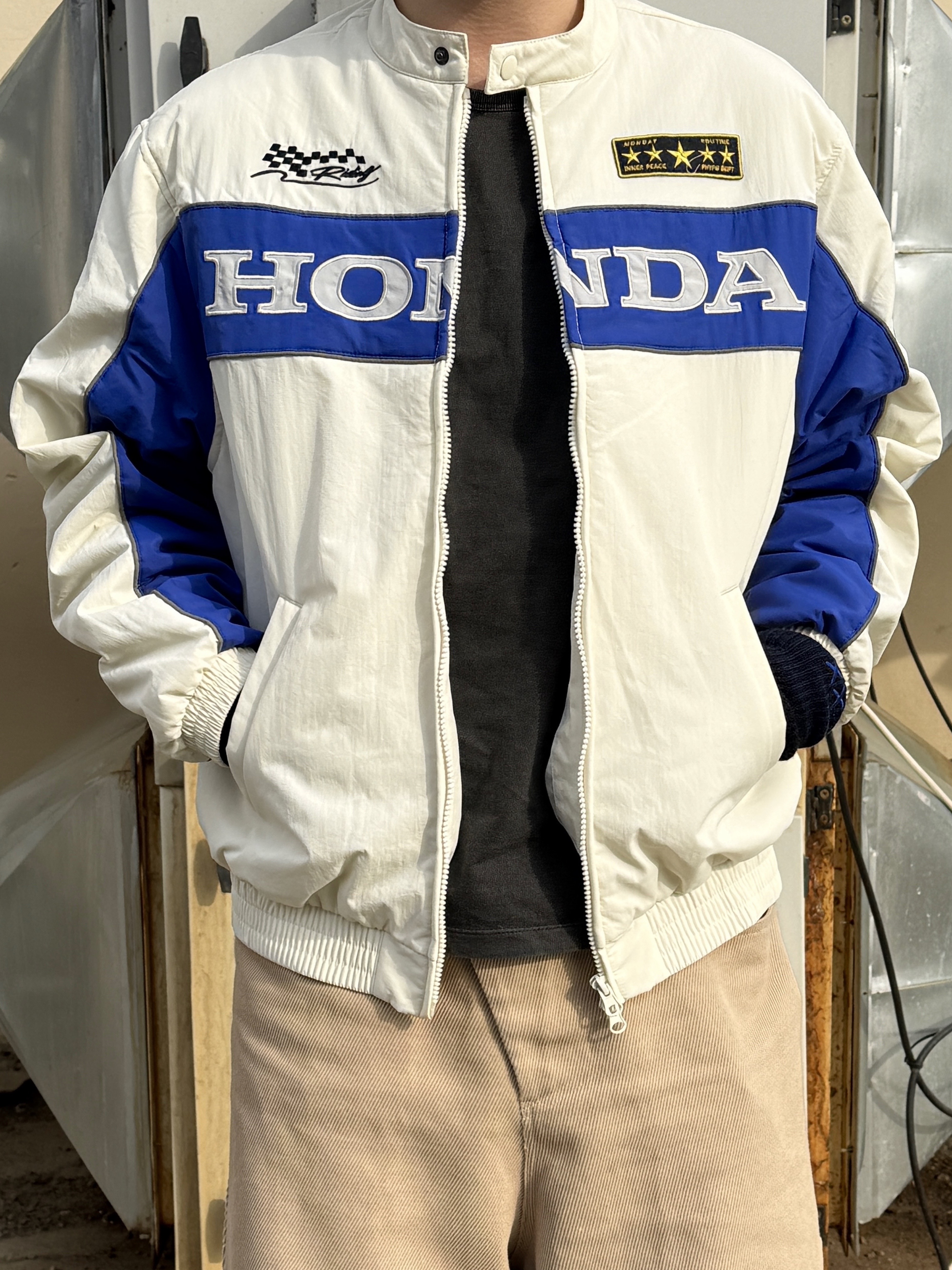 Honda Piping Motorcycle Blouson Jacket Ivory, Kamien Titan Baggy Pants Beige 착용 스타일 - 2