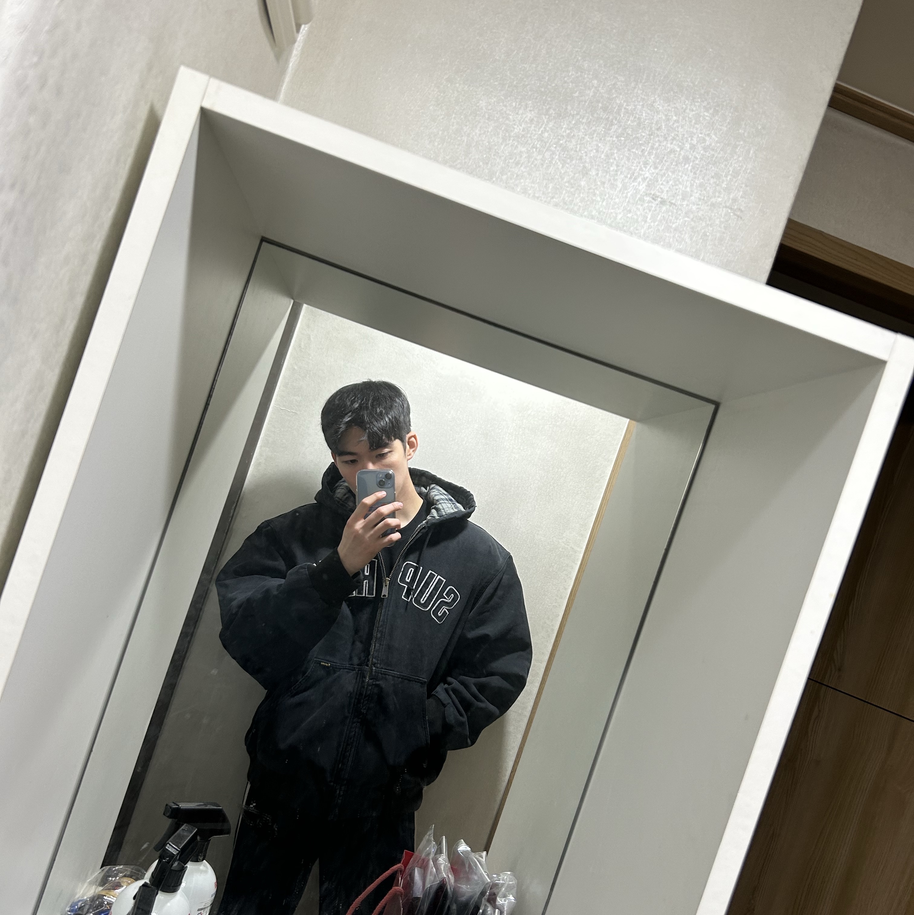 Supreme Reflective Arc Hooded Work Jacket Black - 25FW 착용 스타일