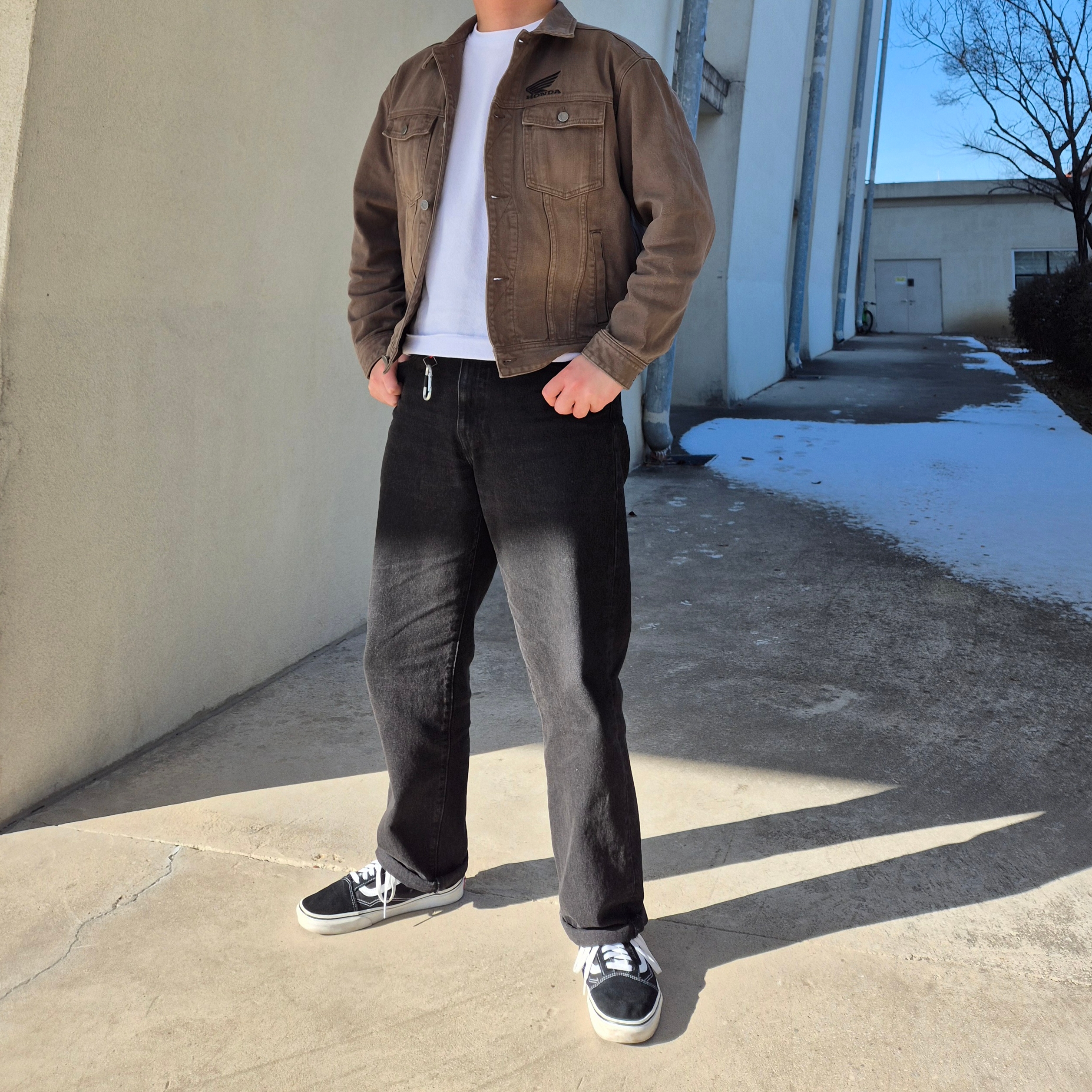 Honda Vintage Old Denim Jacket Brown, Vans Old Skool 36 DX Anaheim Factory Black White 착용 스타일 - 1