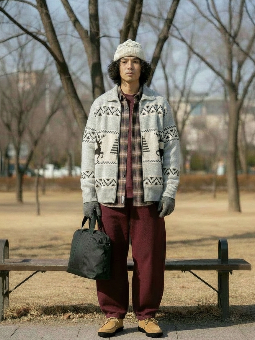 [KREAM 단독] Millo Archive X Negative Three Crescendo Desert Boots Beige, Millo Archive Reflect Curved Pants Burgundy 착용 스타일 - 1