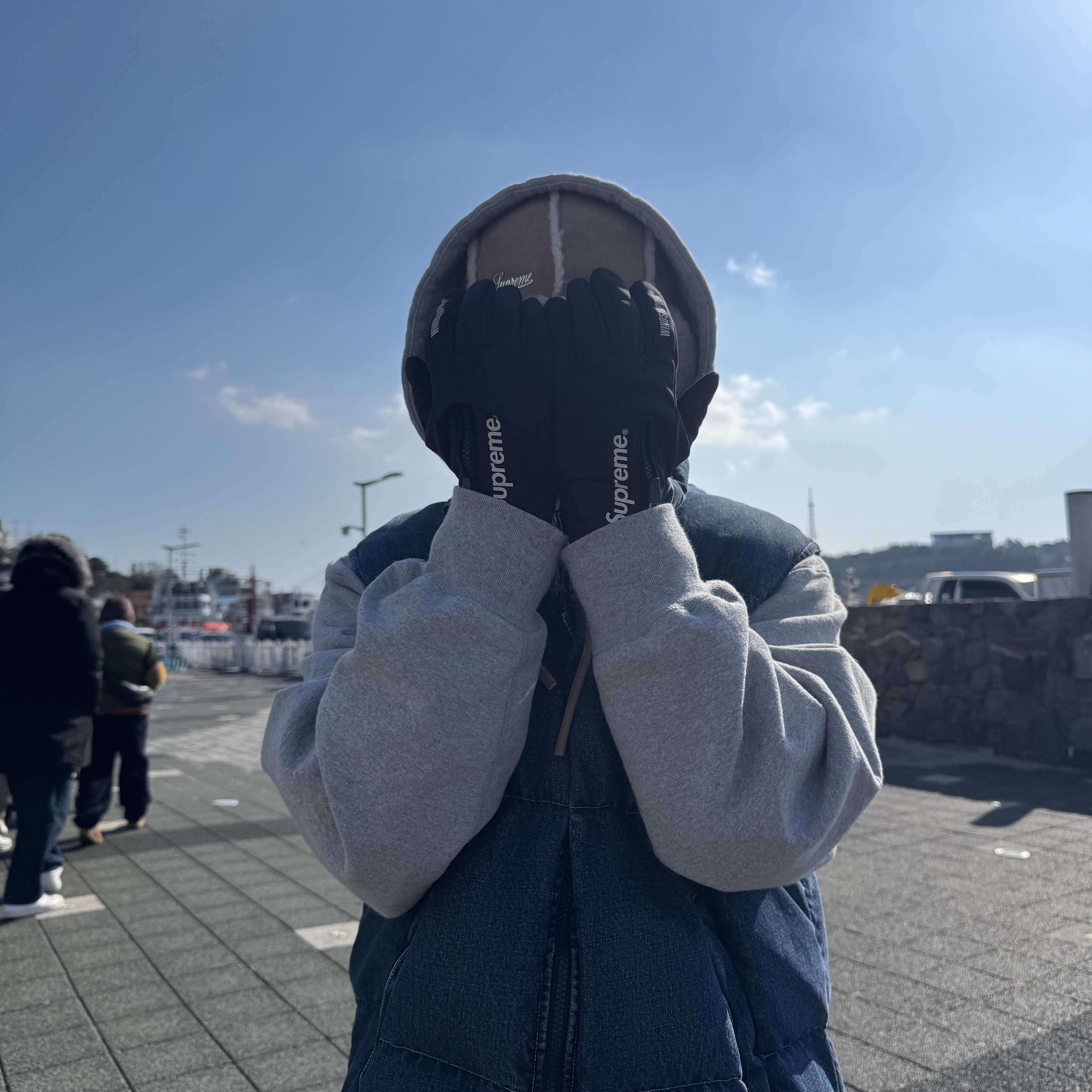 Supreme Windstopper Zip Gloves Black - 25FW, Supreme Shearling Lined Earflap Cap Tan - 25FW 착용 스타일 - 2