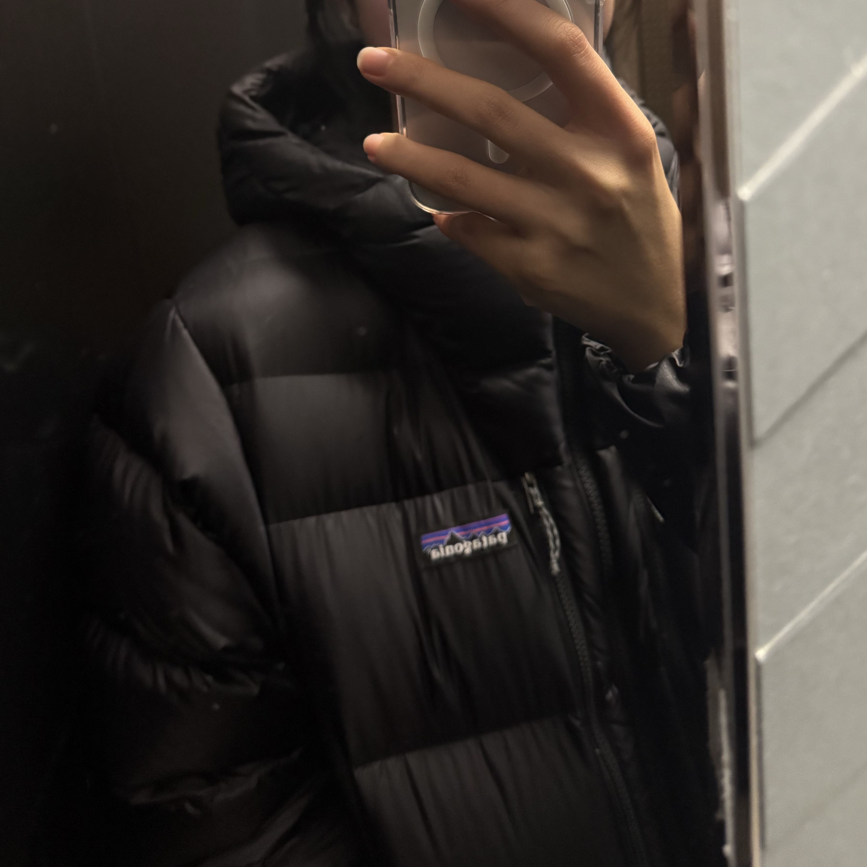 Patagonia Fitz Roy Down Hoody Black 착용 스타일