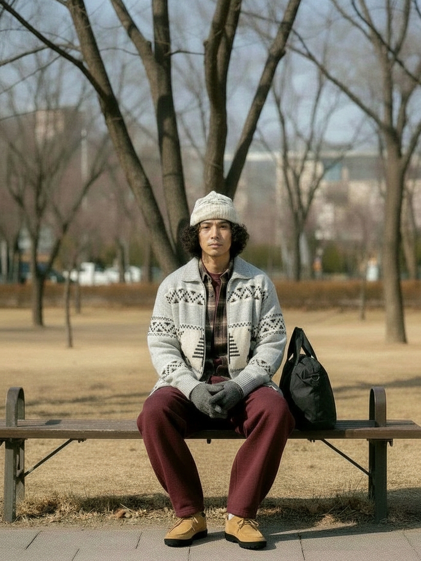 [KREAM 단독] Millo Archive X Negative Three Crescendo Desert Boots Beige, Millo Archive Reflect Curved Pants Burgundy 착용 스타일 - 3