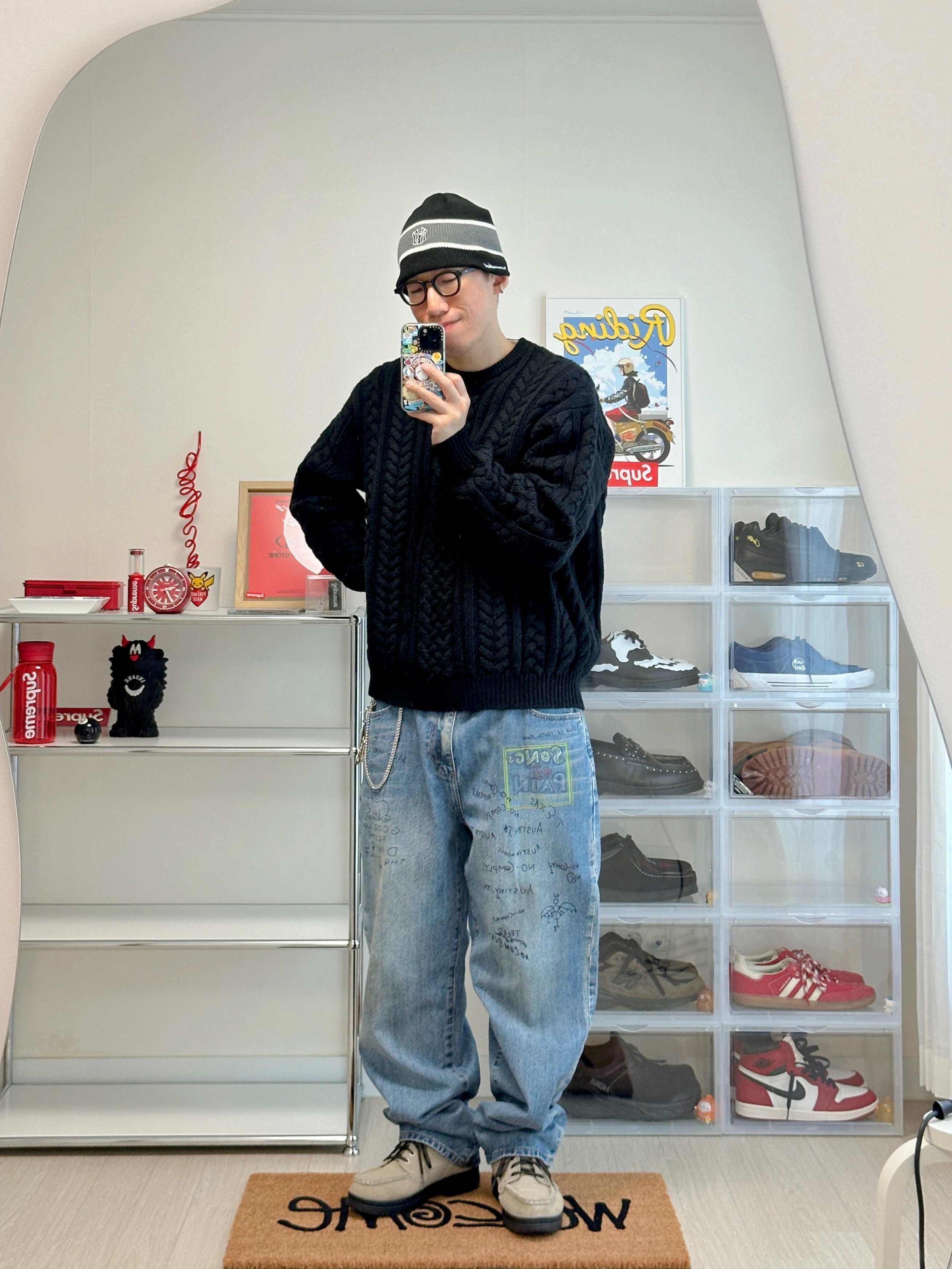 Supreme Applique Cable Knit Sweater Black - 23FW 착용 스타일