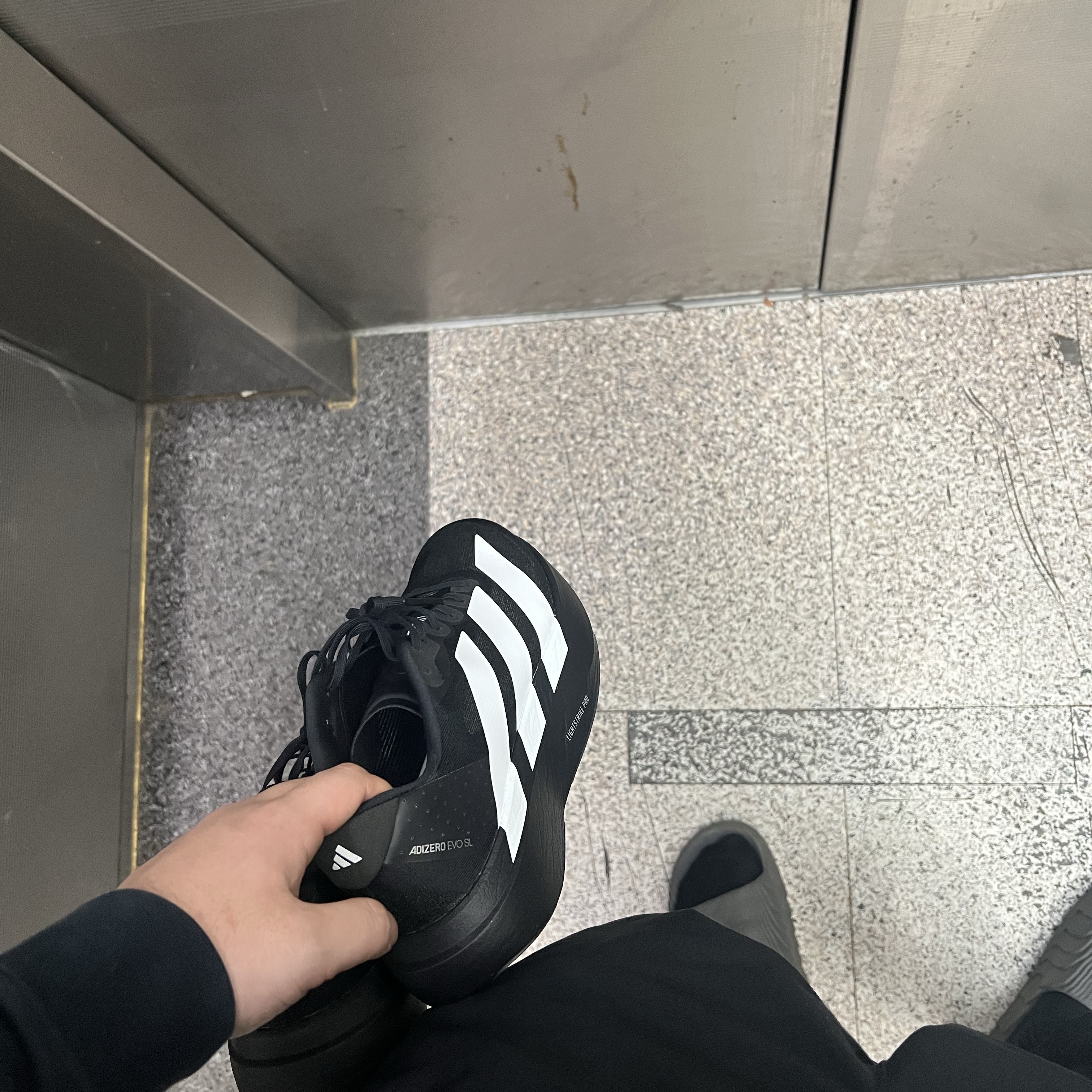 Adidas Adizero EVO SL Core Black Cloud White 착용 스타일 - 2