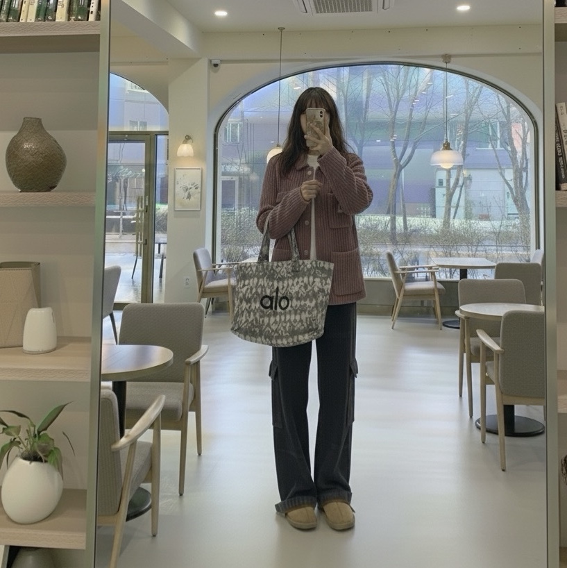 Alo Yoga Iconic Shopper Tote Bag Grey Tiedye, (W) Carhartt WIP Michigan Sweater Phlox 착용 스타일