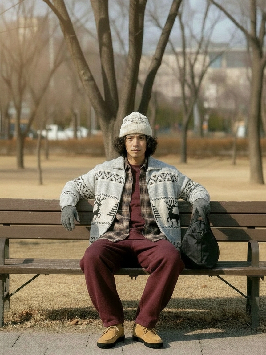 [KREAM 단독] Millo Archive X Negative Three Crescendo Desert Boots Beige, Millo Archive Reflect Curved Pants Burgundy 착용 스타일 - 4