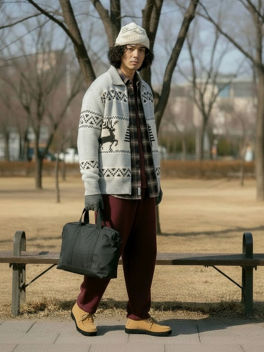 [KREAM 단독] Millo Archive X Negative Three Crescendo Desert Boots Beige, Millo Archive Reflect Curved Pants Burgundy 착용 스타일 - 2