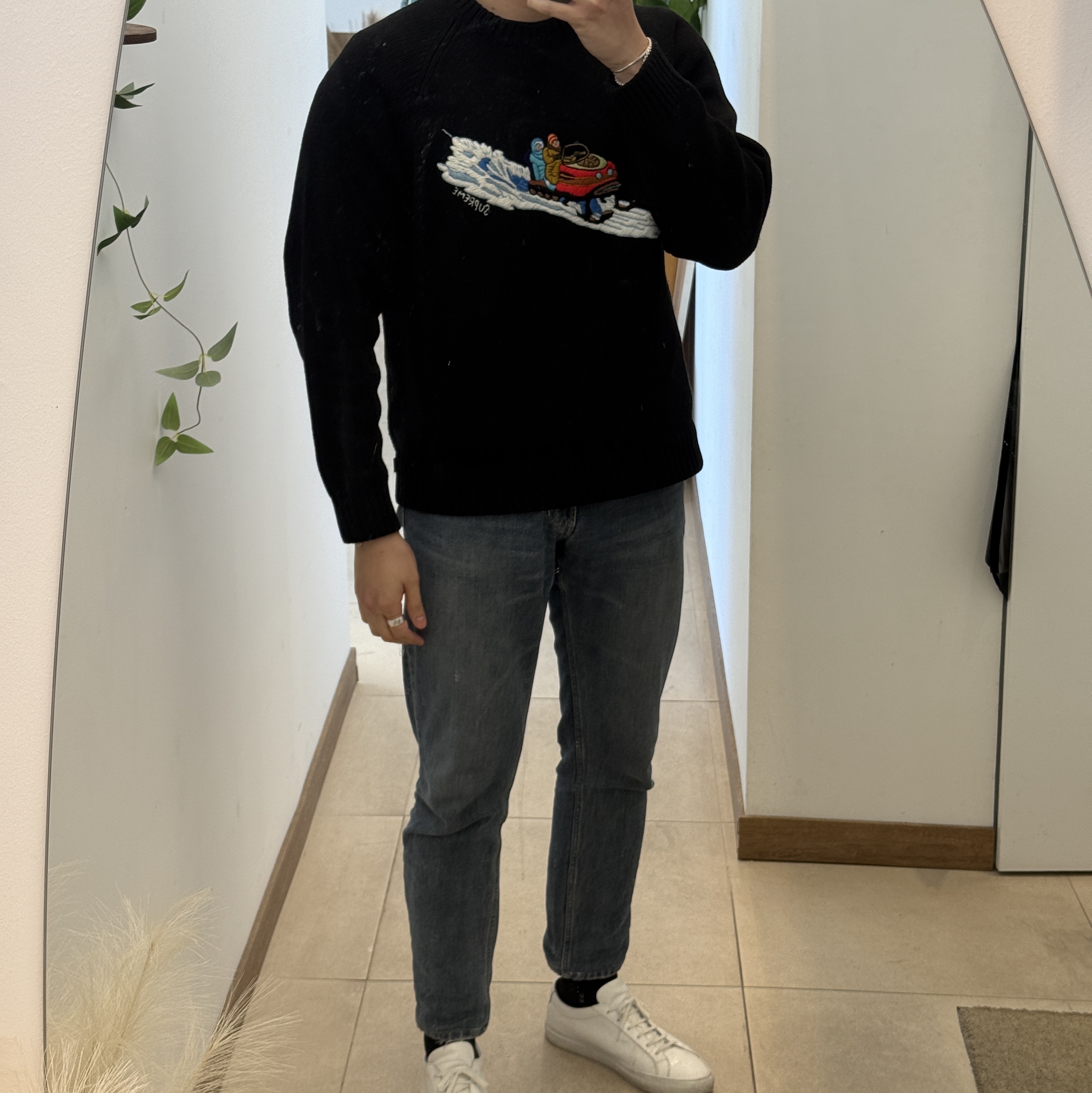 Supreme Snowmobile Sweater Black - 24FW, Common Projects Original Achilles Low White 착용 스타일