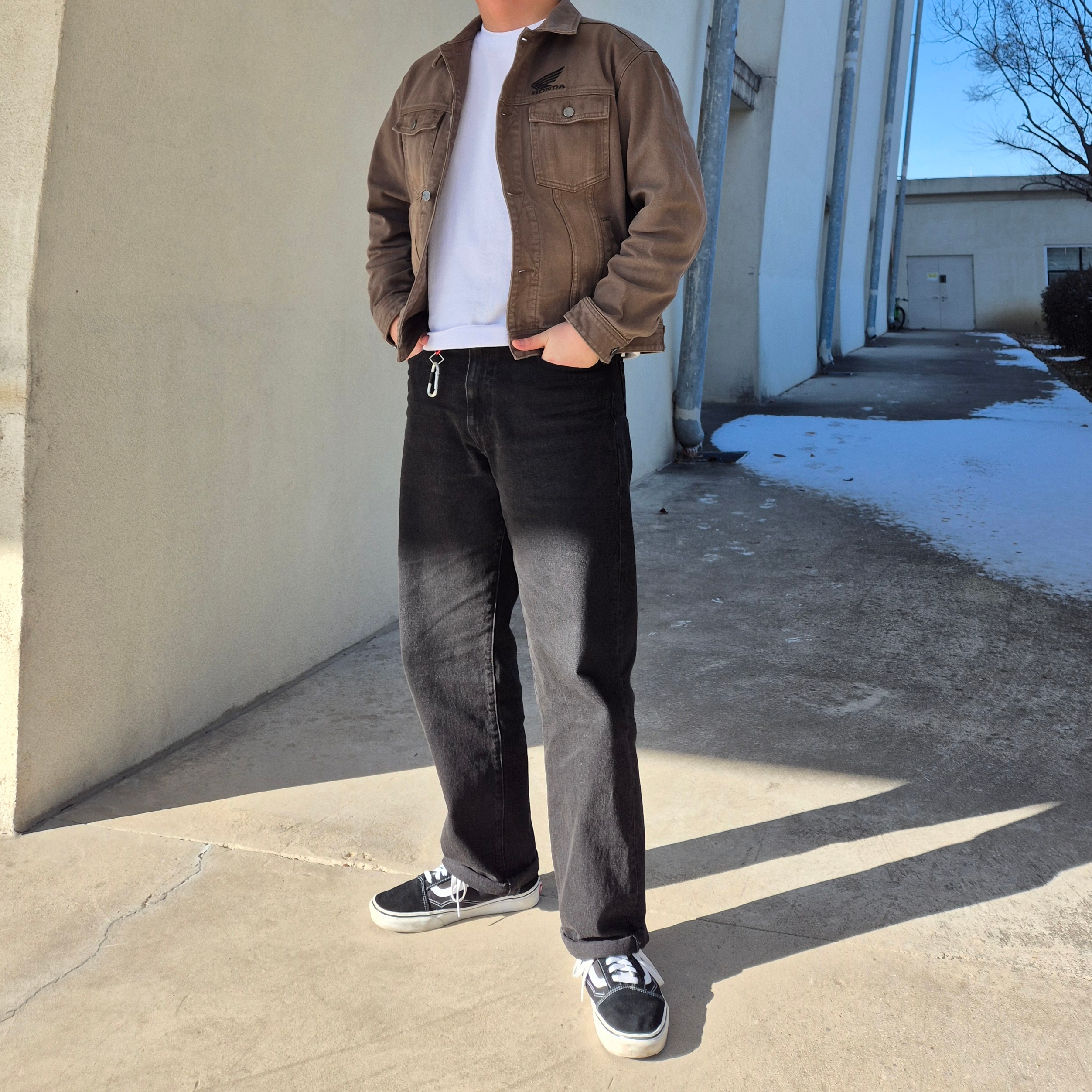 Honda Vintage Old Denim Jacket Brown, Vans Old Skool 36 DX Anaheim Factory Black White 착용 스타일 - 2