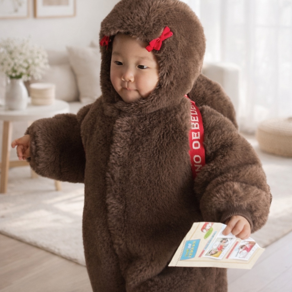 (Kids) Monchhichi x Bebe De Pino Bag Brown, (Kids) Monchhichi x Bebe De Pino Fur Overall Brown 착용 스타일 - 4