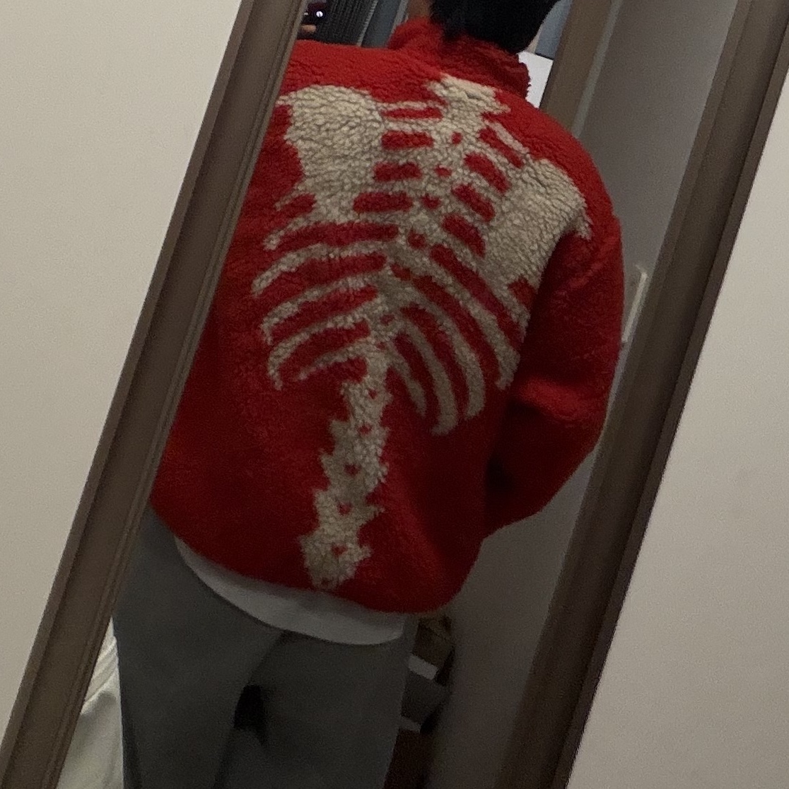 Kapital Bone Pattern Boa Fleece Reversible Blouson Red, Nike x Stussy Fleece Pants Grey Heather (FN5231-050) 착용 스타일 - 2
