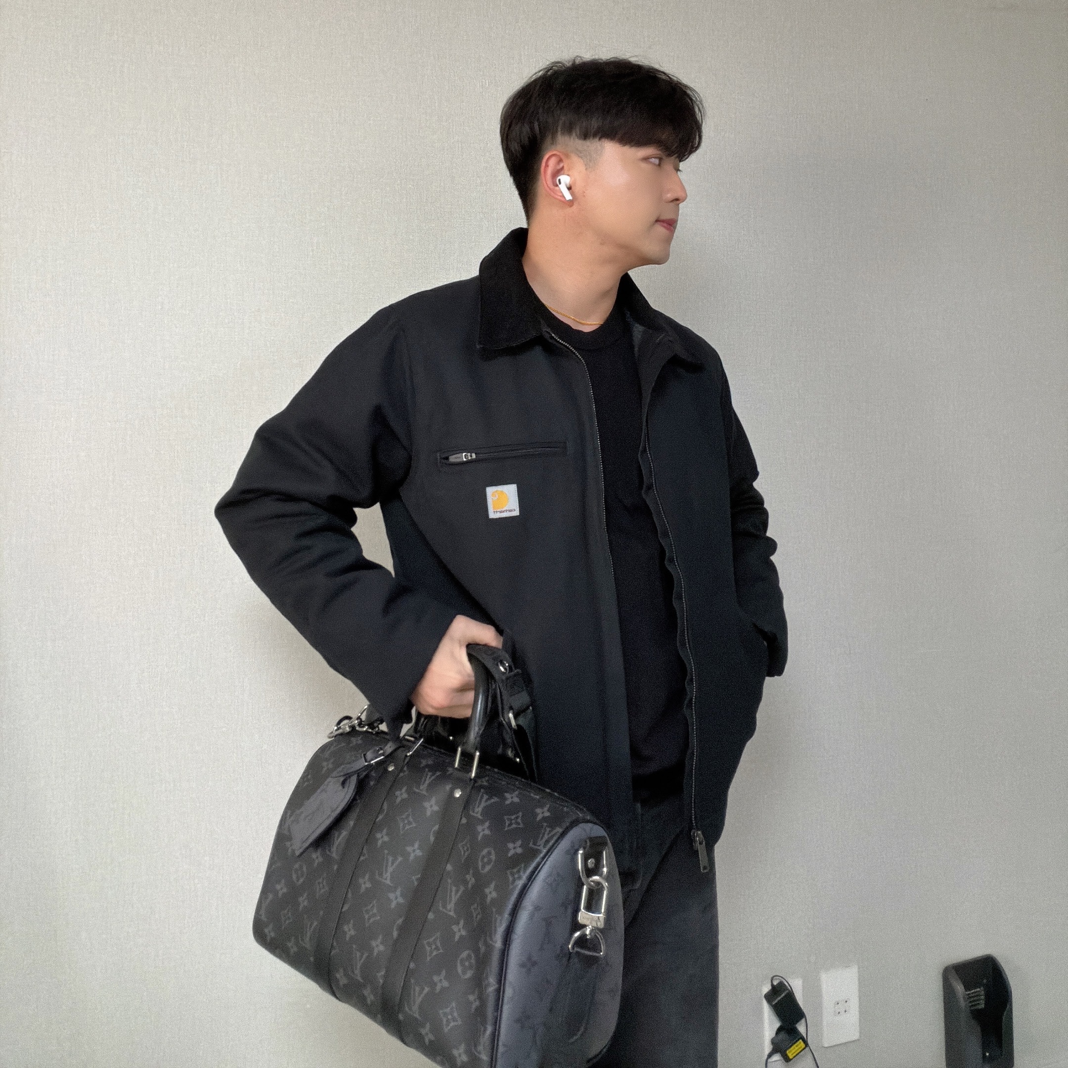 Carhartt Blanket Lined Relaxed Fit Regular Duck Detroit Jacket Black 착용 스타일 - 2