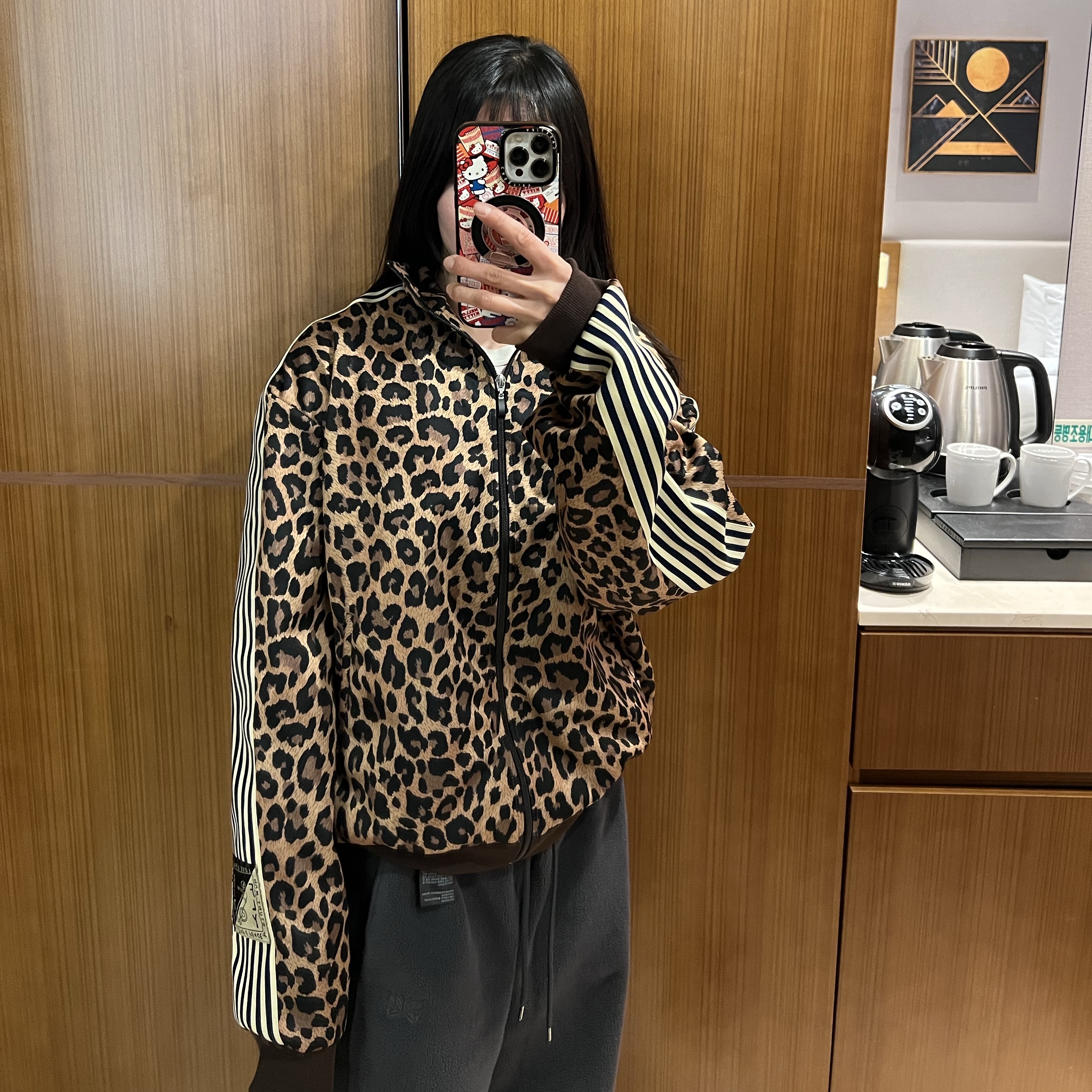 Kapital Smooth Jersey Leopard Print Stuntman & Woman Track Jacket Brown 착용 스타일