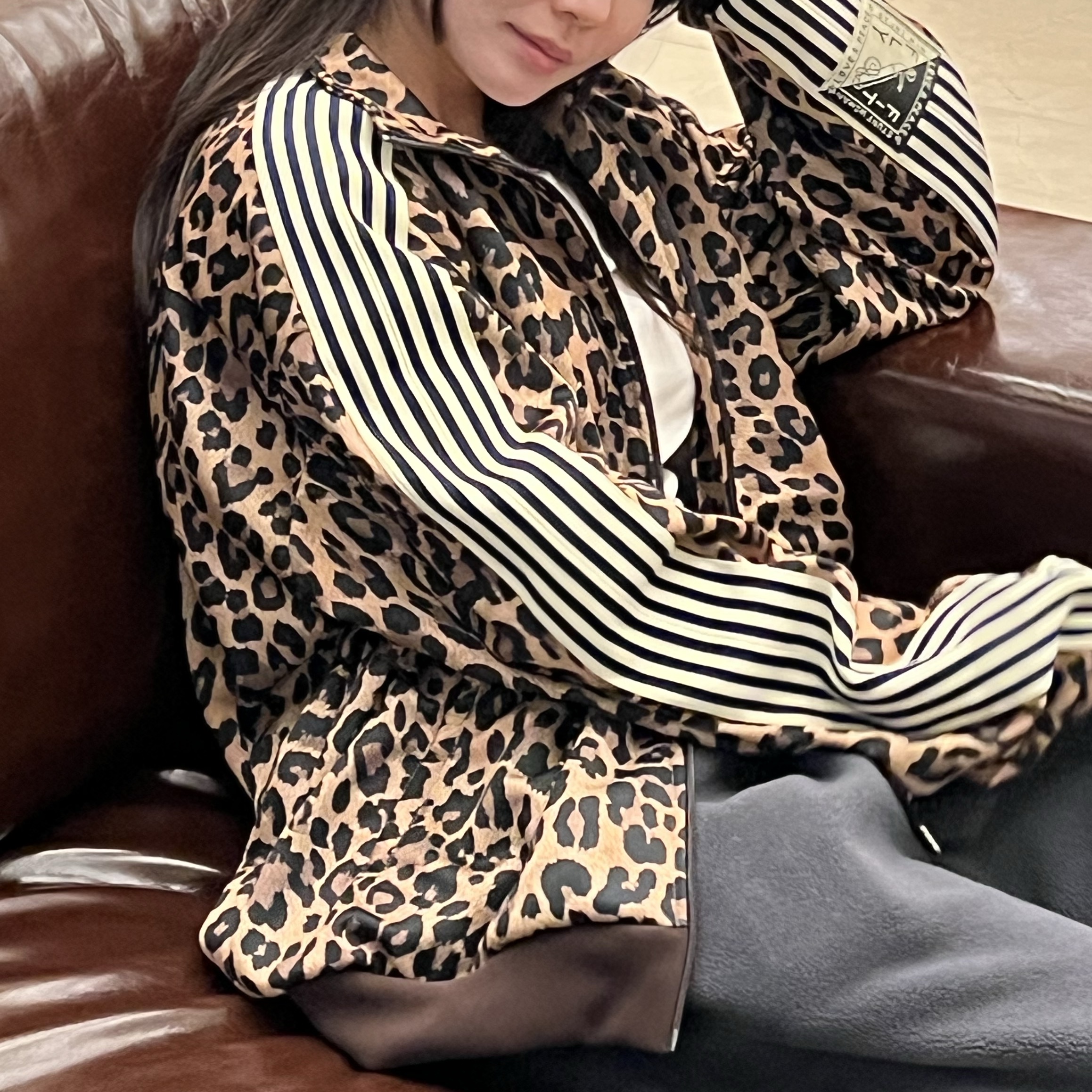 Kapital Smooth Jersey Leopard Print Stuntman & Woman Track Jacket Brown 착용 스타일