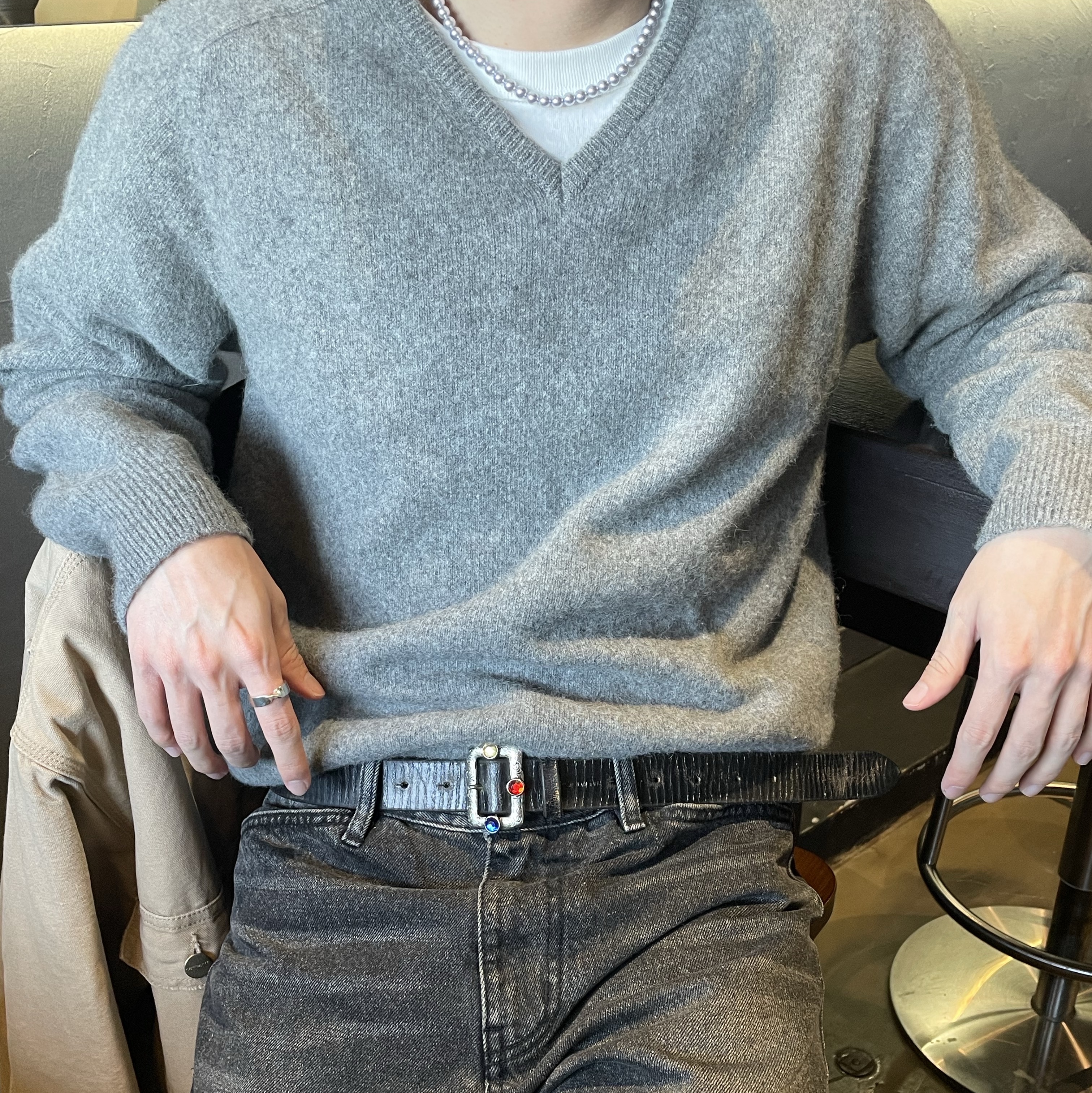 Khakis Harbor Beanie Red, Kapital Oiled Leather Studded Disco Buckle Belt Black 착용 스타일 - 4