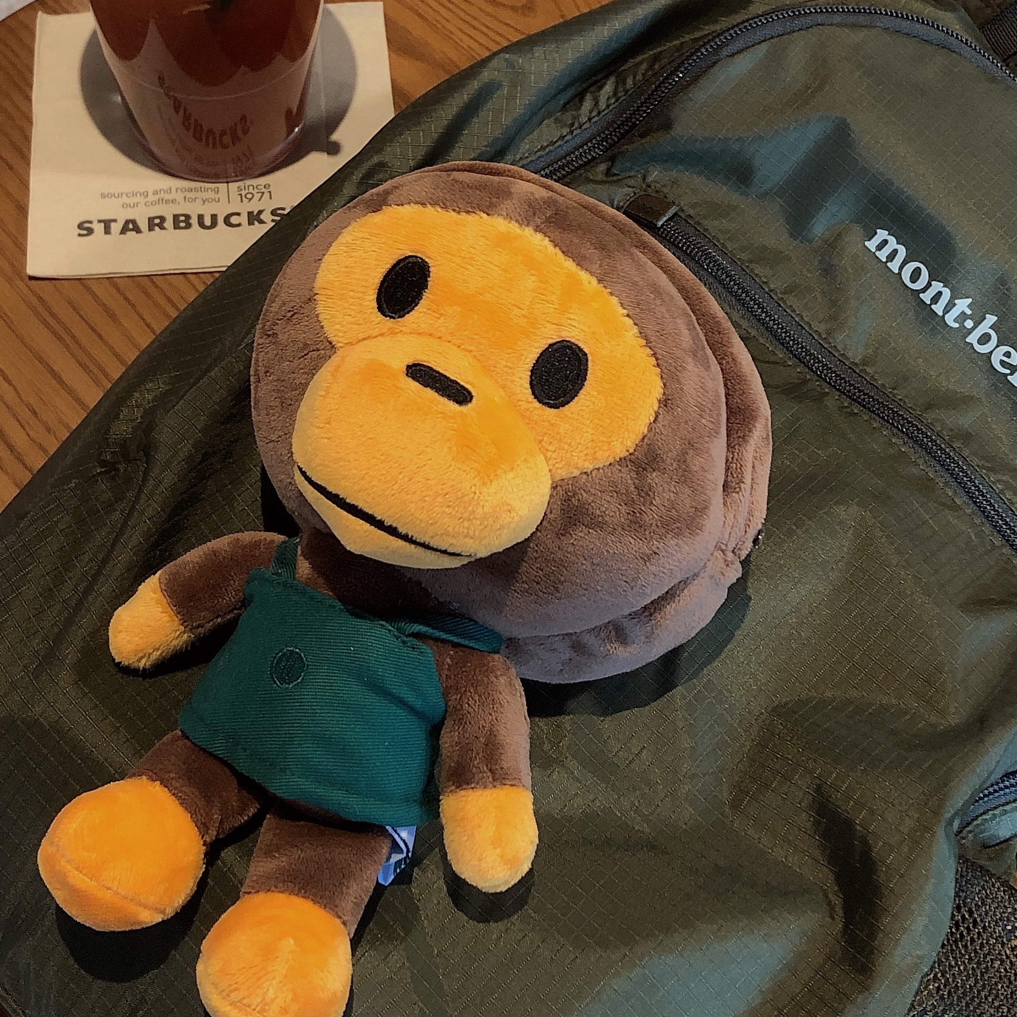 Starbucks x BAPE Baby Milo Foldable Bag, Montbell Pocketable Light Pack 18 Khaki Green 착용 스타일 - 1