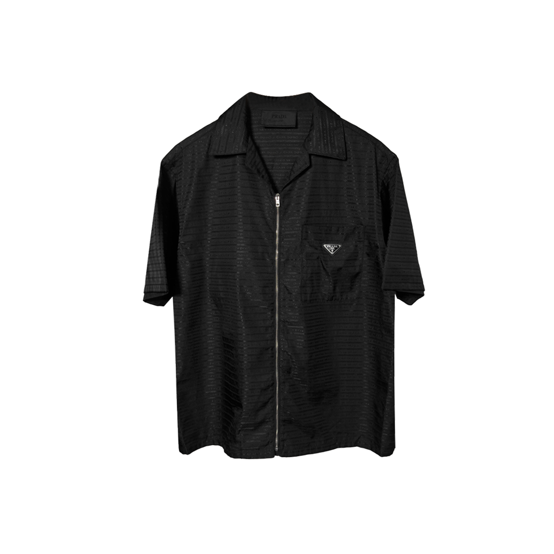 ITQ8O8OUPEUU Prada Men's Re-Nylon Triangle Logo Multi-Logo Zip-Up Short Sleeve Jacket - Black