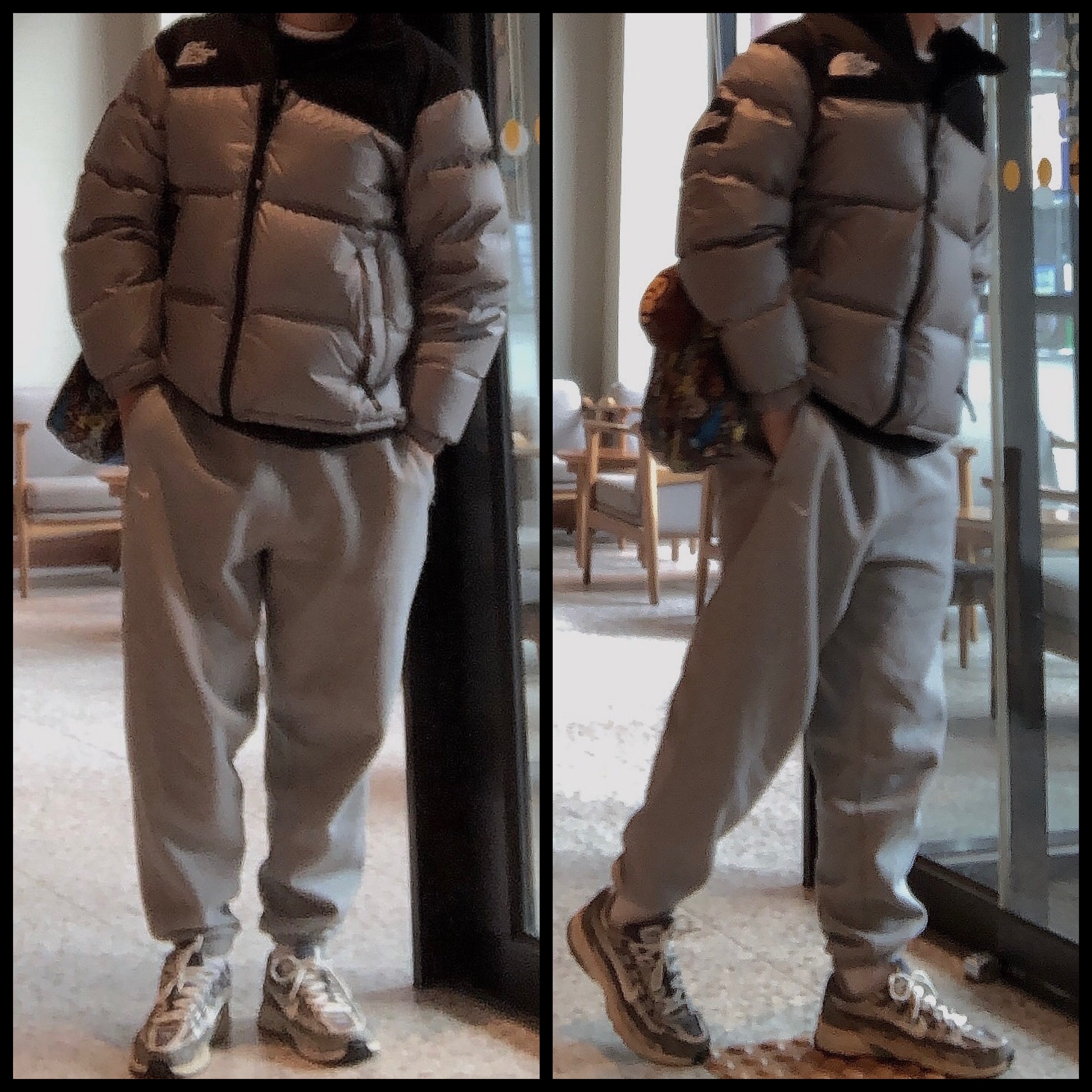 The North Face White Label Novelty Nuptse Down Jacket Light Khaki, Nike NRG Solo Swoosh Fleece Pants Dark Grey Heather - US/EU 착용 스타일