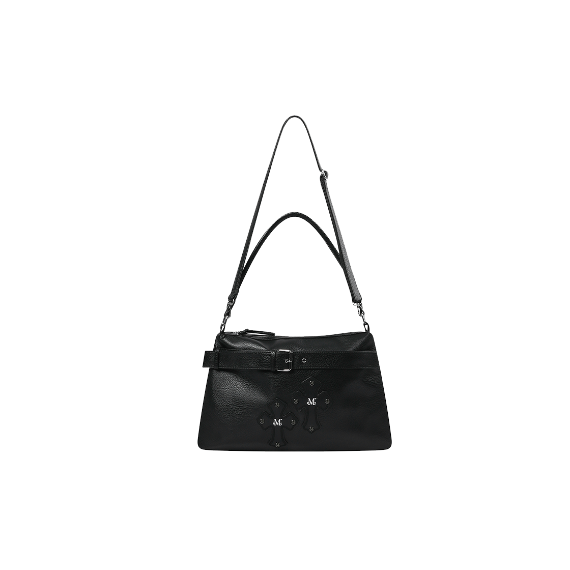 무센트 라즈 크로스 레더 벨티드 숄더백 남녀공용 블랙(MUCENT Raz Cross Leather Belted Shoulder Bag Unisex Black)