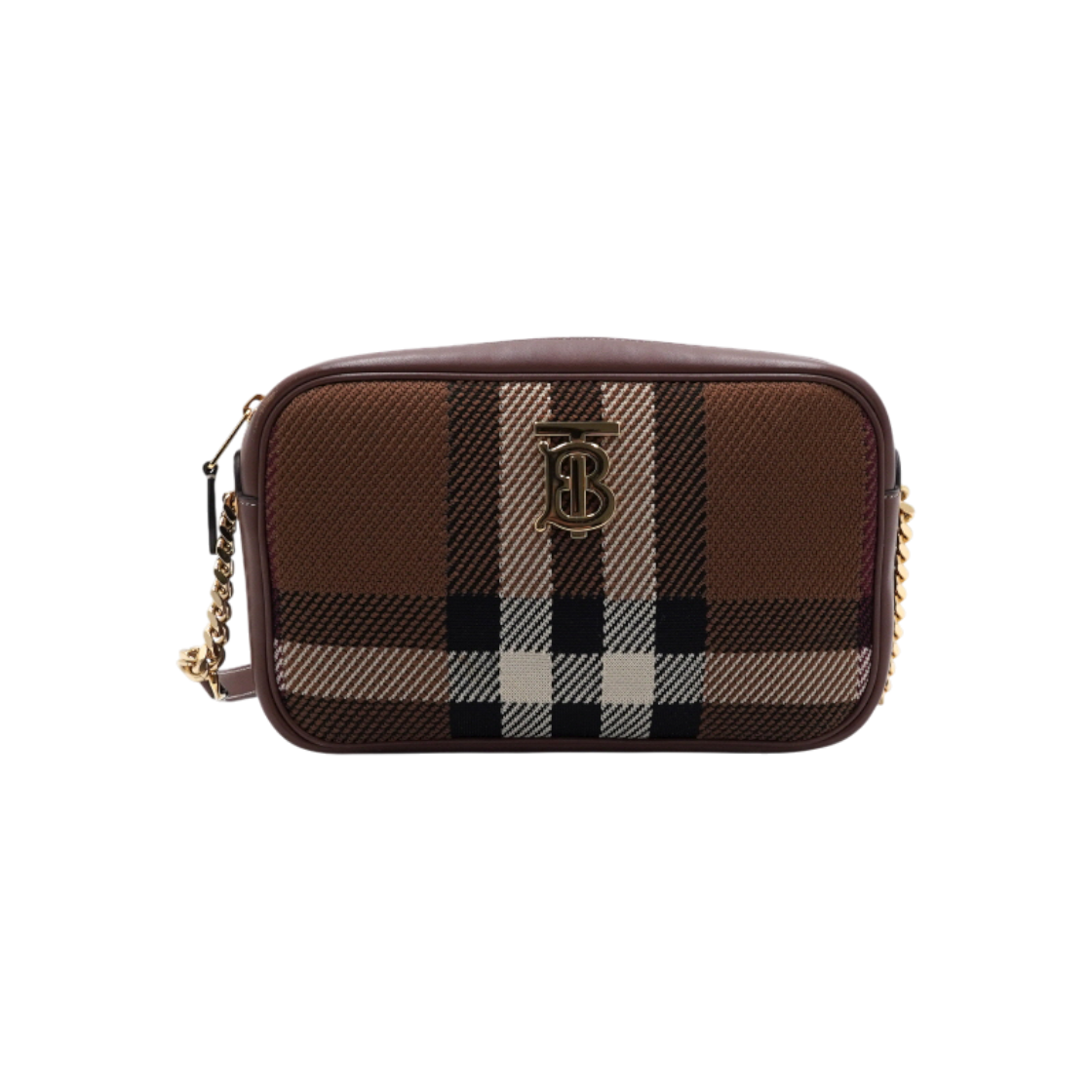 ITLDUO8USHKI Burberry Brown Knit Leather TB Rola Check Camera Crossbody Bag